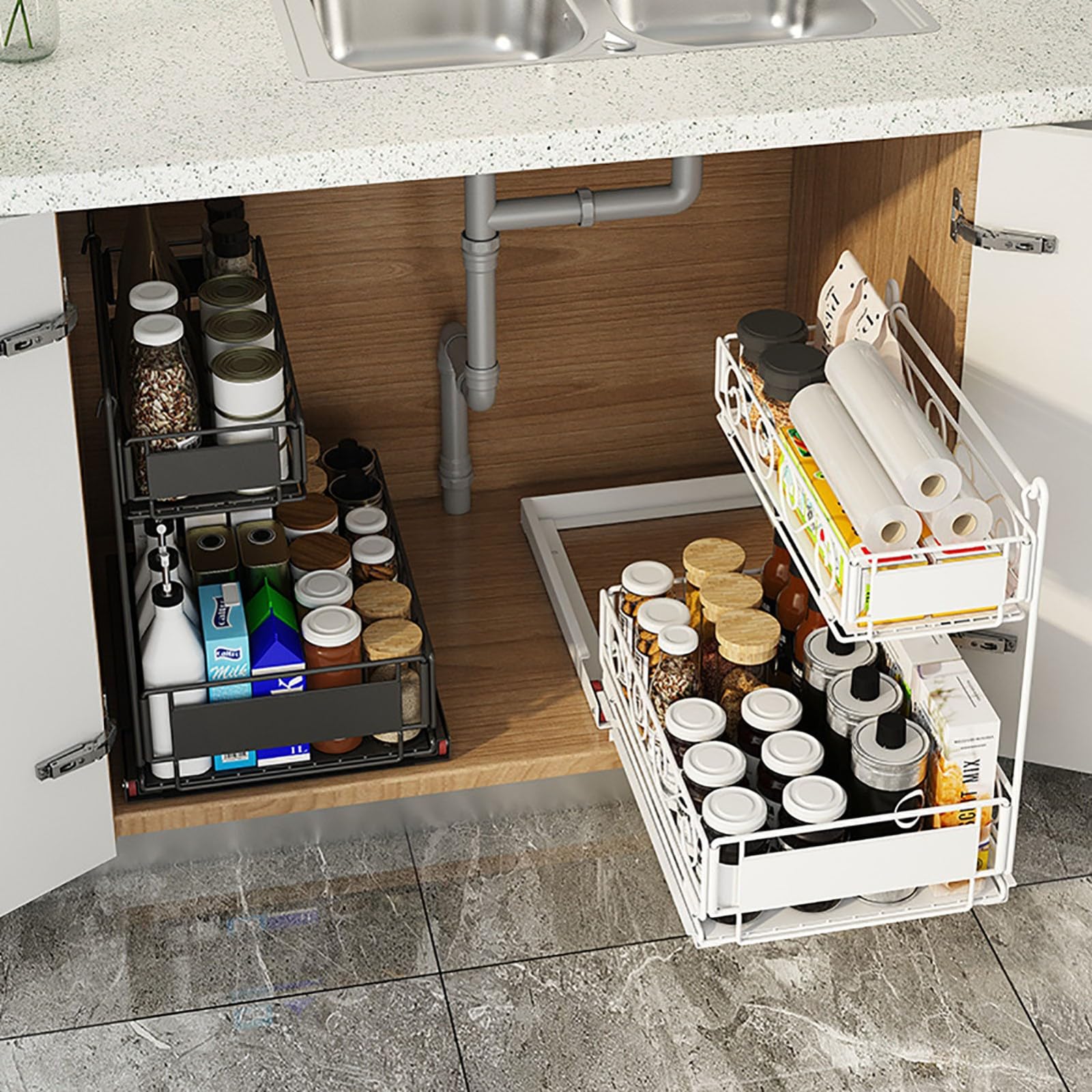 ELZEM Organizador Bajo Fregadero Cocina, Metal 2 Niveles Organizador Extraíble Estante Almacenamiento Debajo Fregadero Forma L, Estante Almacenamiento Integrado Multifuncional Fácil Montar A