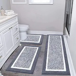 Pauwer Bathroom Rug Mat Set 3 Piece, Microfiber Shaggy Bath Set, Non-Slip Ultra Soft Carpet Mats, Absorbent with U-Shaped Toilet for Bathroom, Tub, Shower, Dark Grey