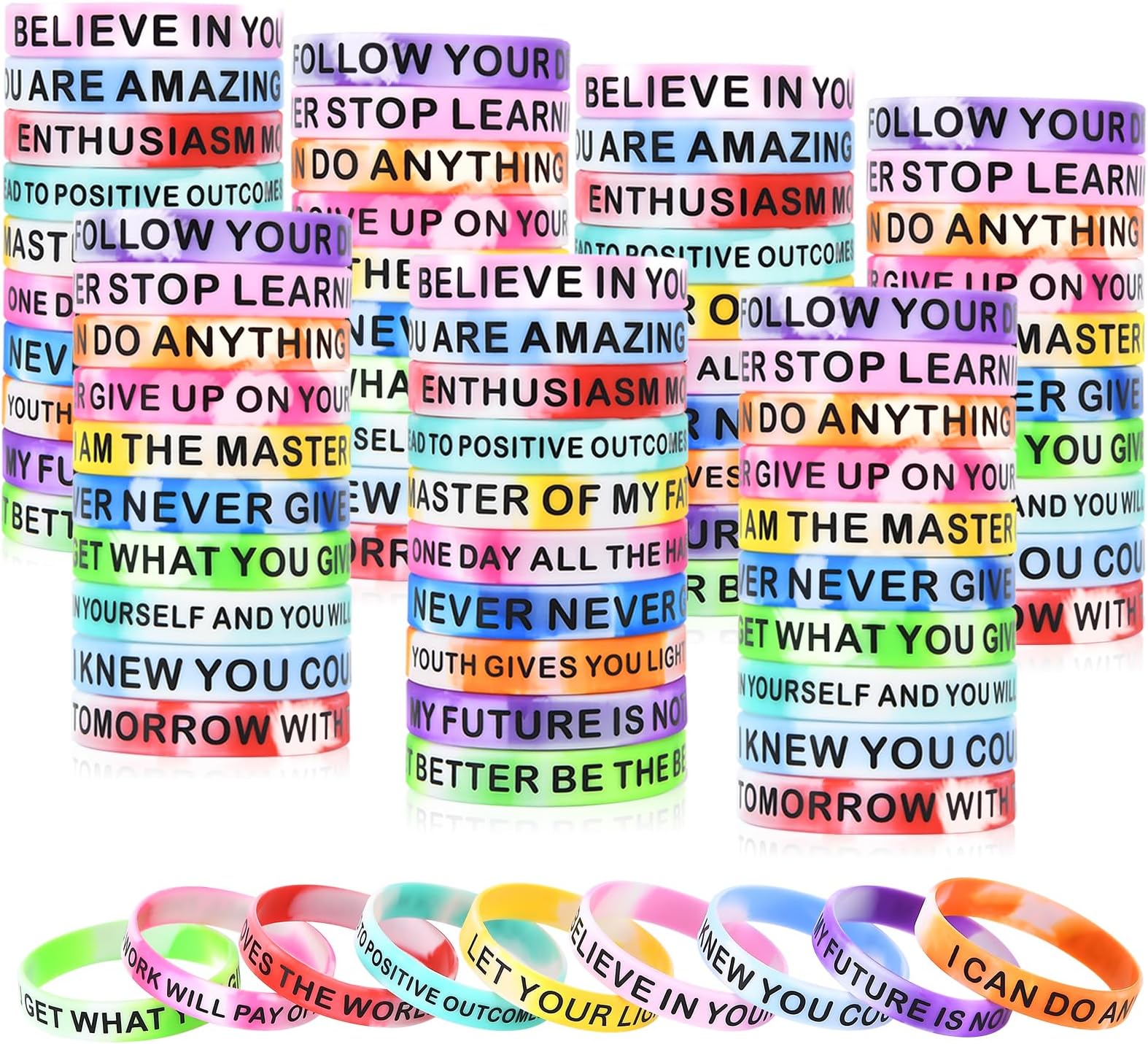 Motivational Quote Silicone Wristbands Colored Inspirational Rubber Bracelets Stretch Unisex Wristbands for Children Teens 20 Styles Swirl