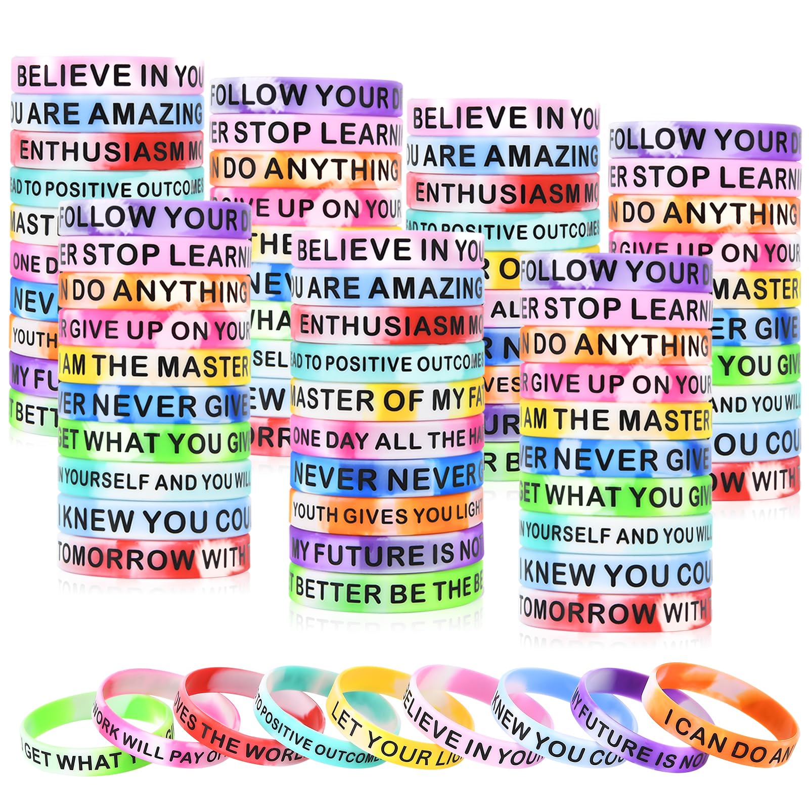 CYCLUSIVE Motivational Quote Silicone Wristbands Colored Inspirational Rubber Bracelets Stretch Unisex Wristbands for Children Teens 20 Styles Swirl