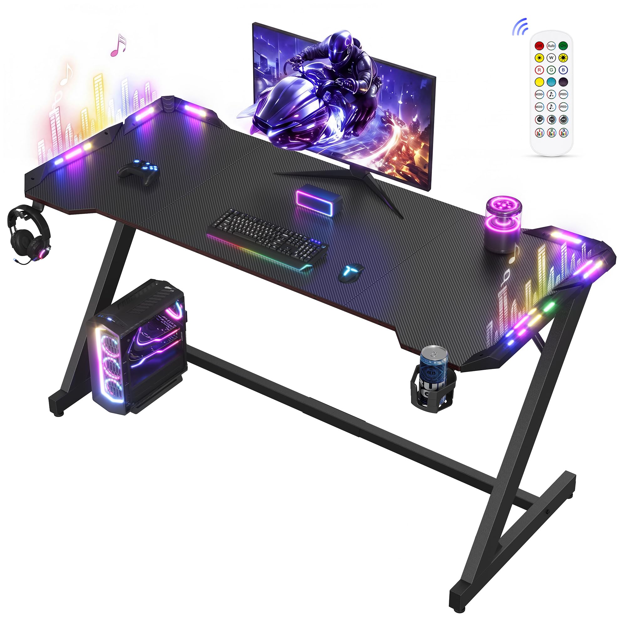 VASAGLE Gaming Tisch, Kohlefaser, RGB Beleuchtung, 100 x 60 x 76 cm