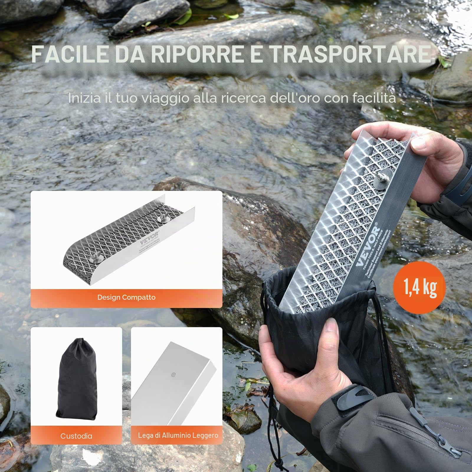 VEVOR Kit per Ricerca dell'Oro Mini Cassetta di Sicurezza, Attrezzatura per l'Estrazione d'Oro in Alluminio da 12 Pollici, Kit Pentola per Ricerca dell'Oro da 16 Pezzi Accessori Completi 8,9x30,48 cm