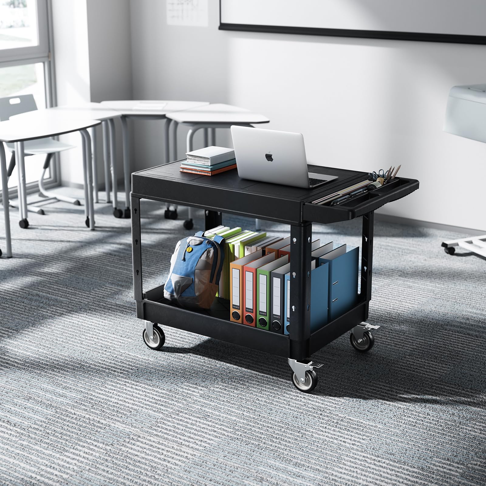 VEVOR Carrello Portaoggetti in Plastica Resistente a Due Ripiani con Ruote Girevoli a 360° Carrello di Servizio da 940 x 645 mm Capacità di Carico di 250 kg Adatto per Magazzino, Garage, Pulizia