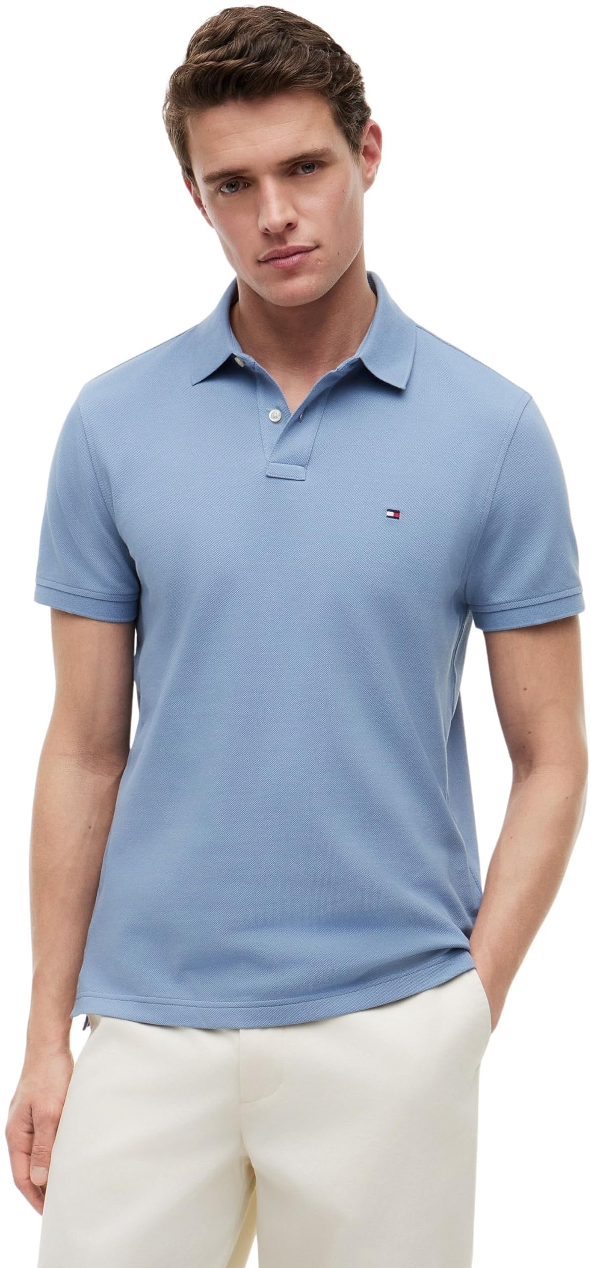 Tommy Hilfiger Męska koszulka polo z krótkim rękawem o regularnym kroju z zapięciem na guziki, Niebieski (Brisk Blue), M