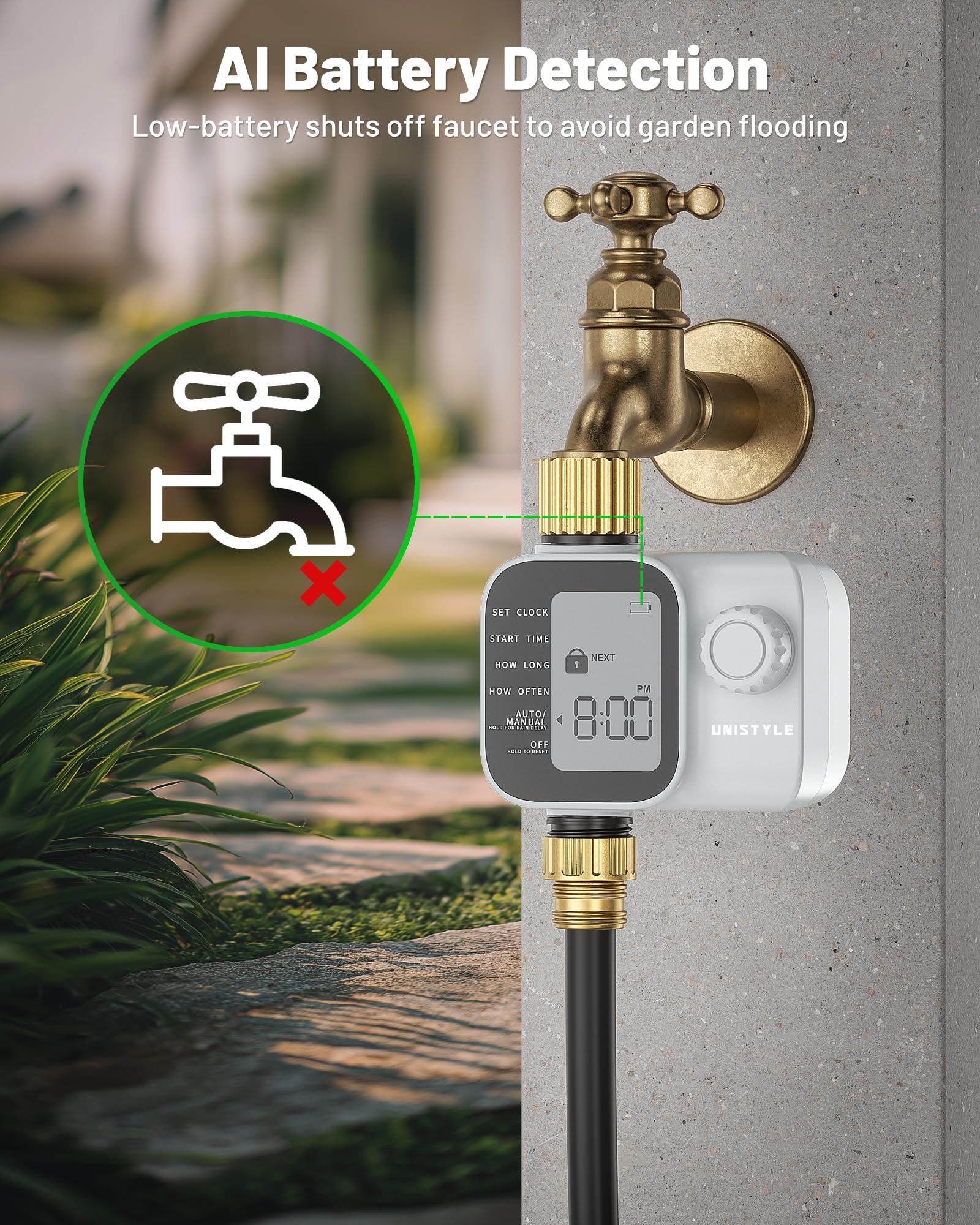 Unistyle Timer per irrigazione con ingressi in ottone, timer programmabile per acqua per tubo da giardino, timer impermeabile IP55 con timer di irrigazione manuale e automatico per cortile e prato