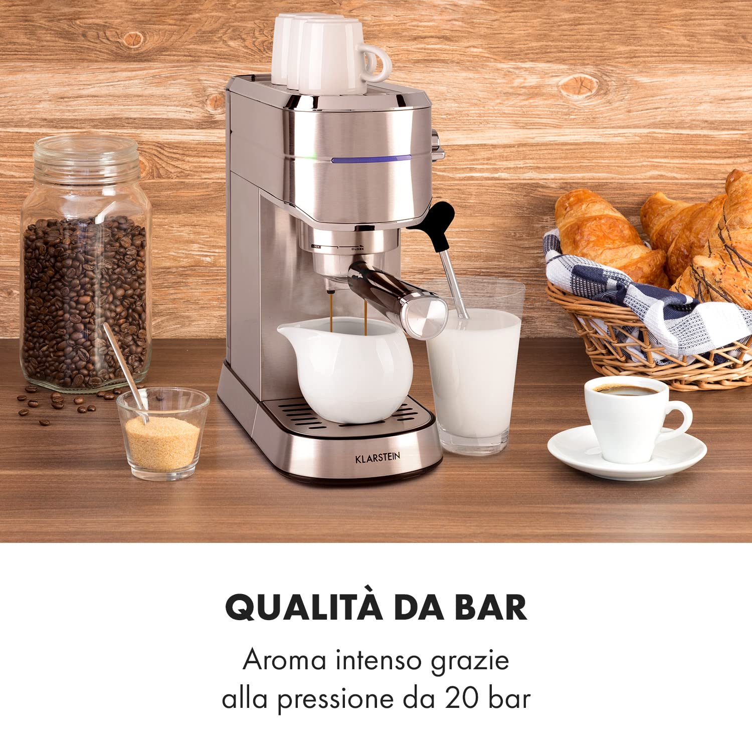 KLARSTEIN Futura - Macchina per Caffè Espresso, per Cappuccino, Macchinetta per Caffé Macinato, 1450W, 20 bar, Qualità Professionale, Sistema Thermo-Block, Doppio Erogatore, Montalatte, Argento