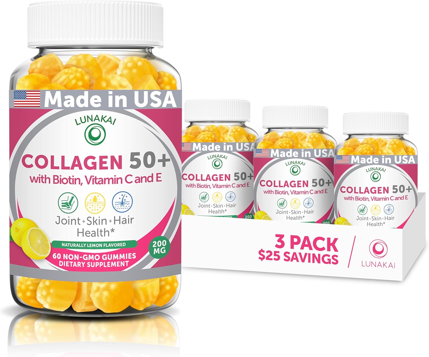 Lunakai USA Made Collagen Gummies for Women & Men Over 50, Biotin & Vitamin C, Supports Skin Elasticity, Hair & Nail Strength, Joint Support - 3 Pack