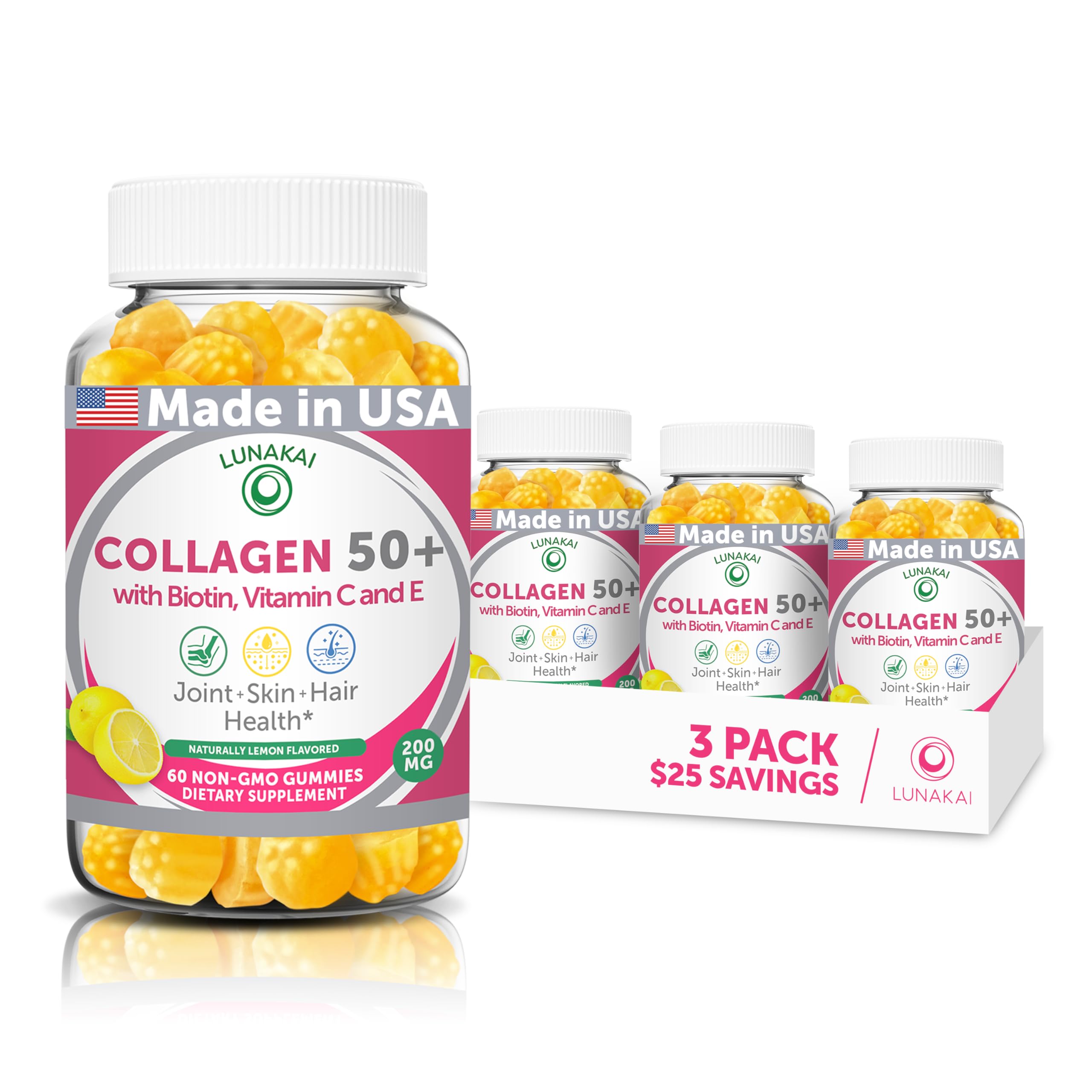 Lunakai USA Made Collagen Gummies for Women & Men Over 50, Non-GMO, 180ct 3 Pack