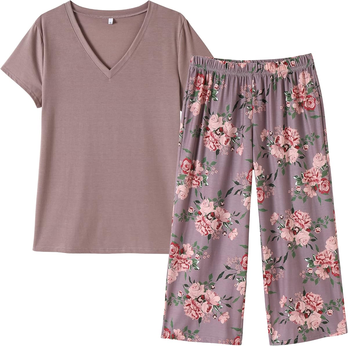 Vozanet Conjunto de pijama para mujer, ropa de dormir suave con cuello en V, Top y Capri Pj Lounge Sets, camisón de gato con forma de corazón de dibujos animados, talla grande