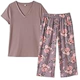 Women's Pajamas Set Soft V Neck Sleepwear Top and Capri Pj Lounge Sets Cartoon Heart Shape Cat Nighty Plus Size