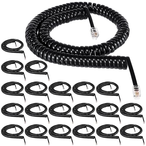 Kanayu Paquete de 20 cables de teléfono negros de 12 pies para teléfono fijo en espiral a granel para uso con todos los accesorios de cable de