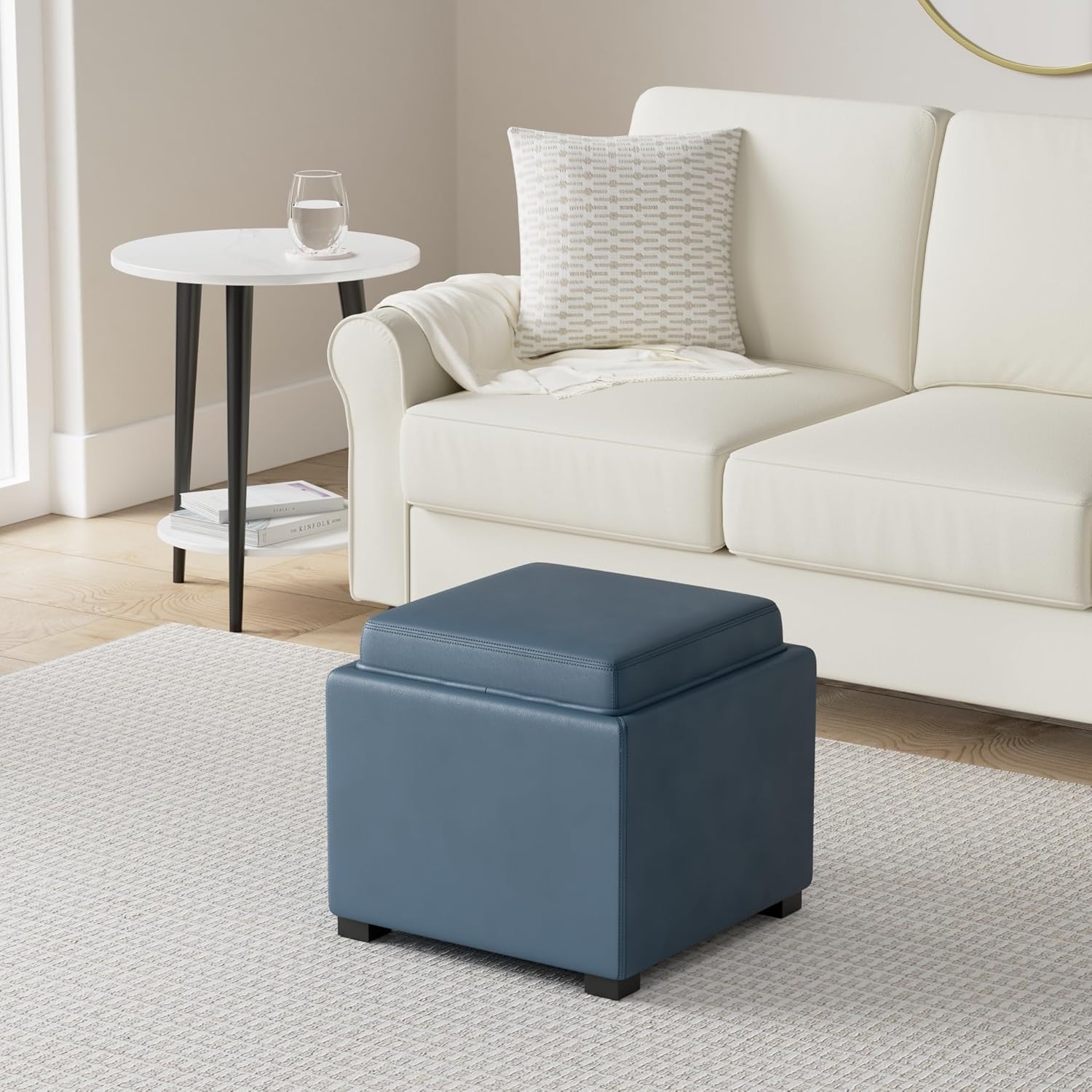 CHITA Storage Ottoman Cube with Tray Lid, Small Footstool with Storage, Square End Table for Living Room and Bedroom, Faux Leather in Dark Blue