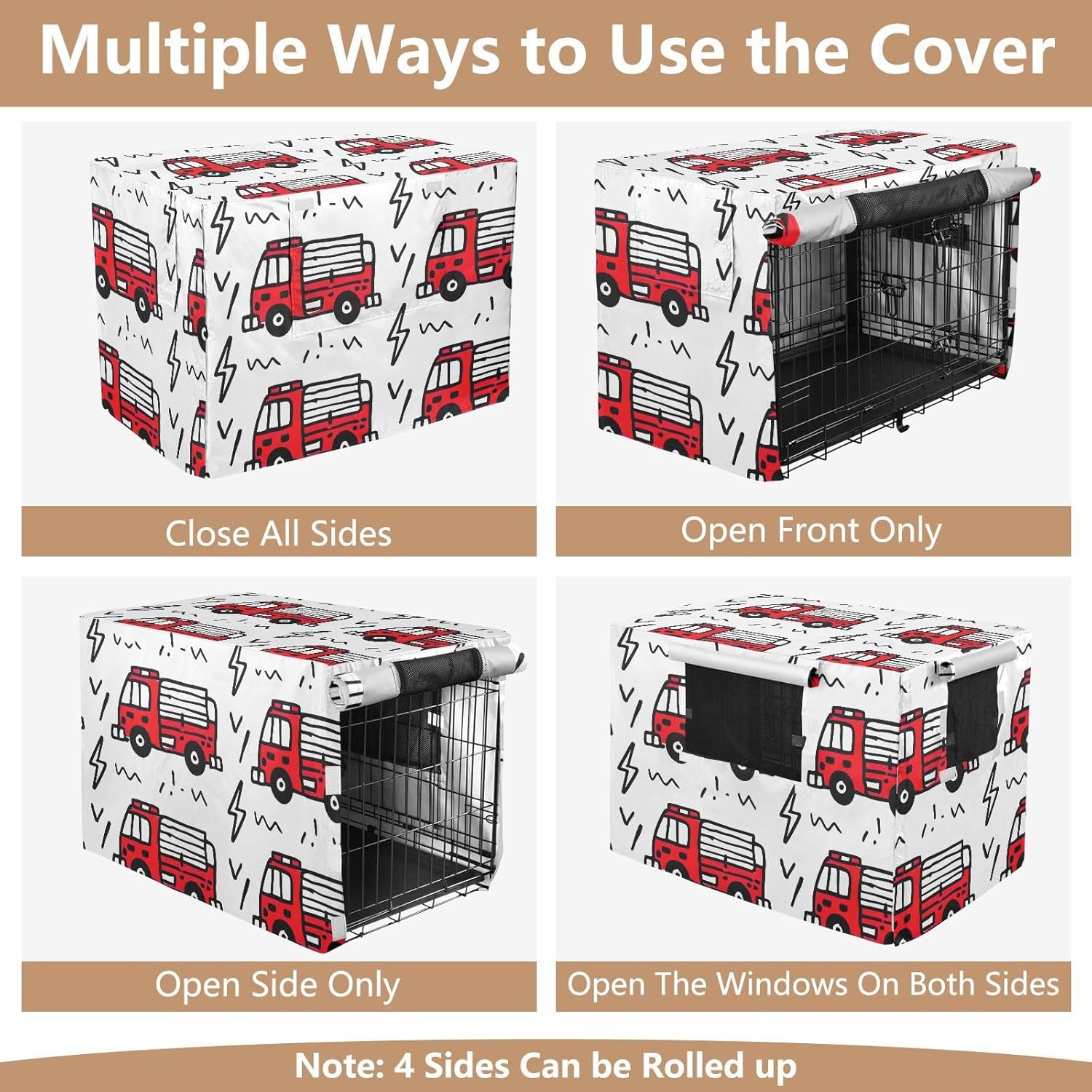 Cartoon Fire Trucks Dog Crate Cover Easy to Install, Pet Kennel Cover with Mesh Windows, Large