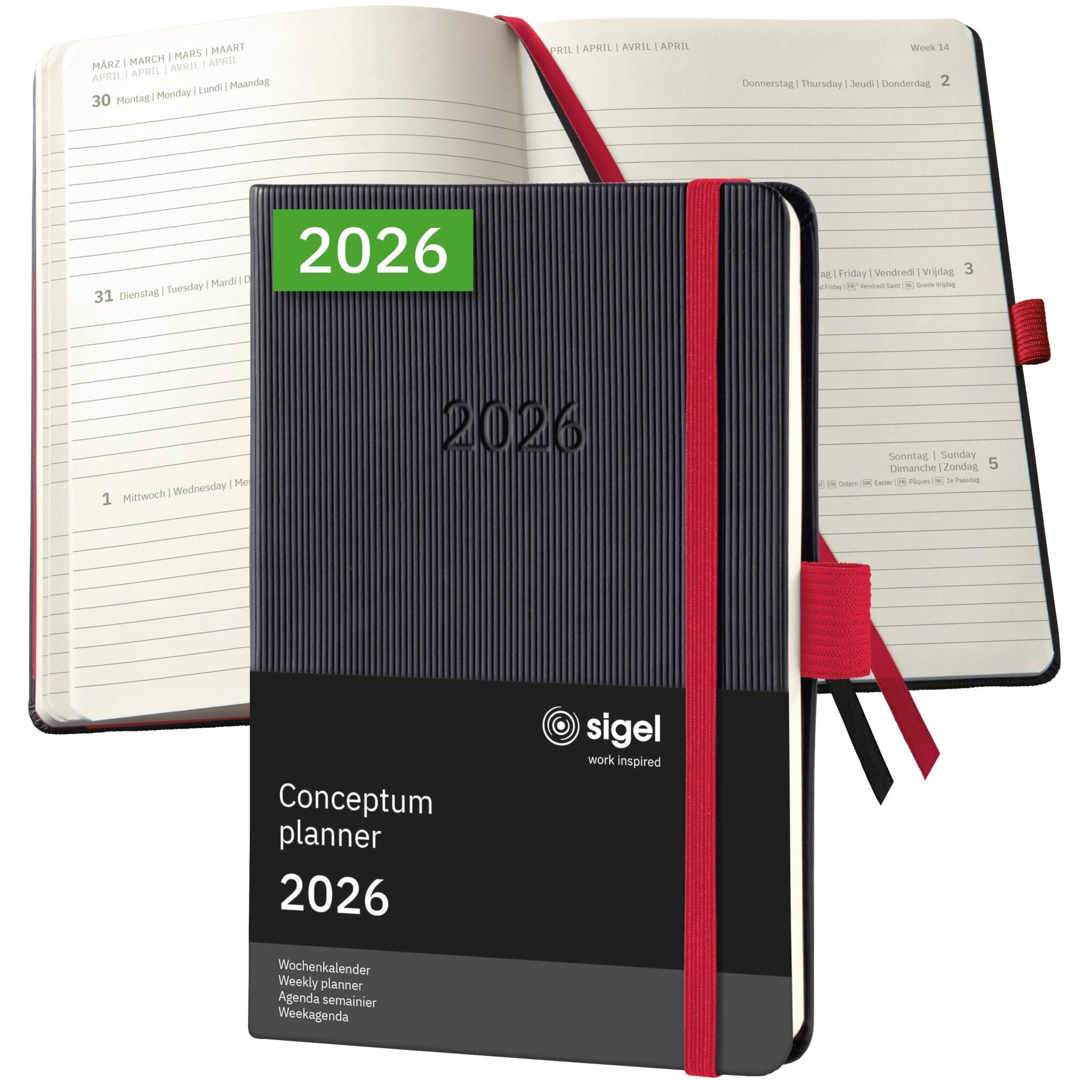 SIGEL C2609 Weekly planner Conceptum 2026-1 year - approx. A6 - black/red - 2 pages = 1 week - hardcover - 80 gsm - 176 p. - PEFC-certified