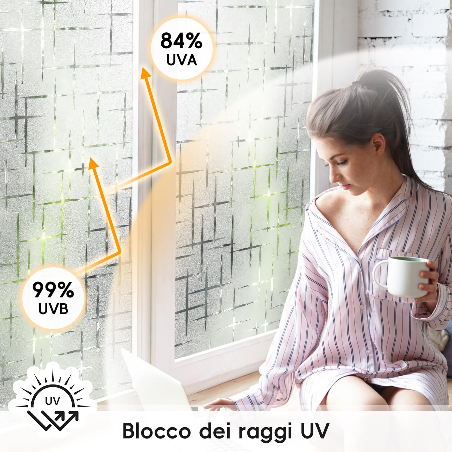 Qualsen Pellicola per Vetri Finestre 75x200cm, Schema a Croce Pellicola Adesiva per Vetri Decorative Elettrostatica Satinata Autoadesive Anti-UV Pellicola Privacy Finestre per Casa, Ufficio, Cucina