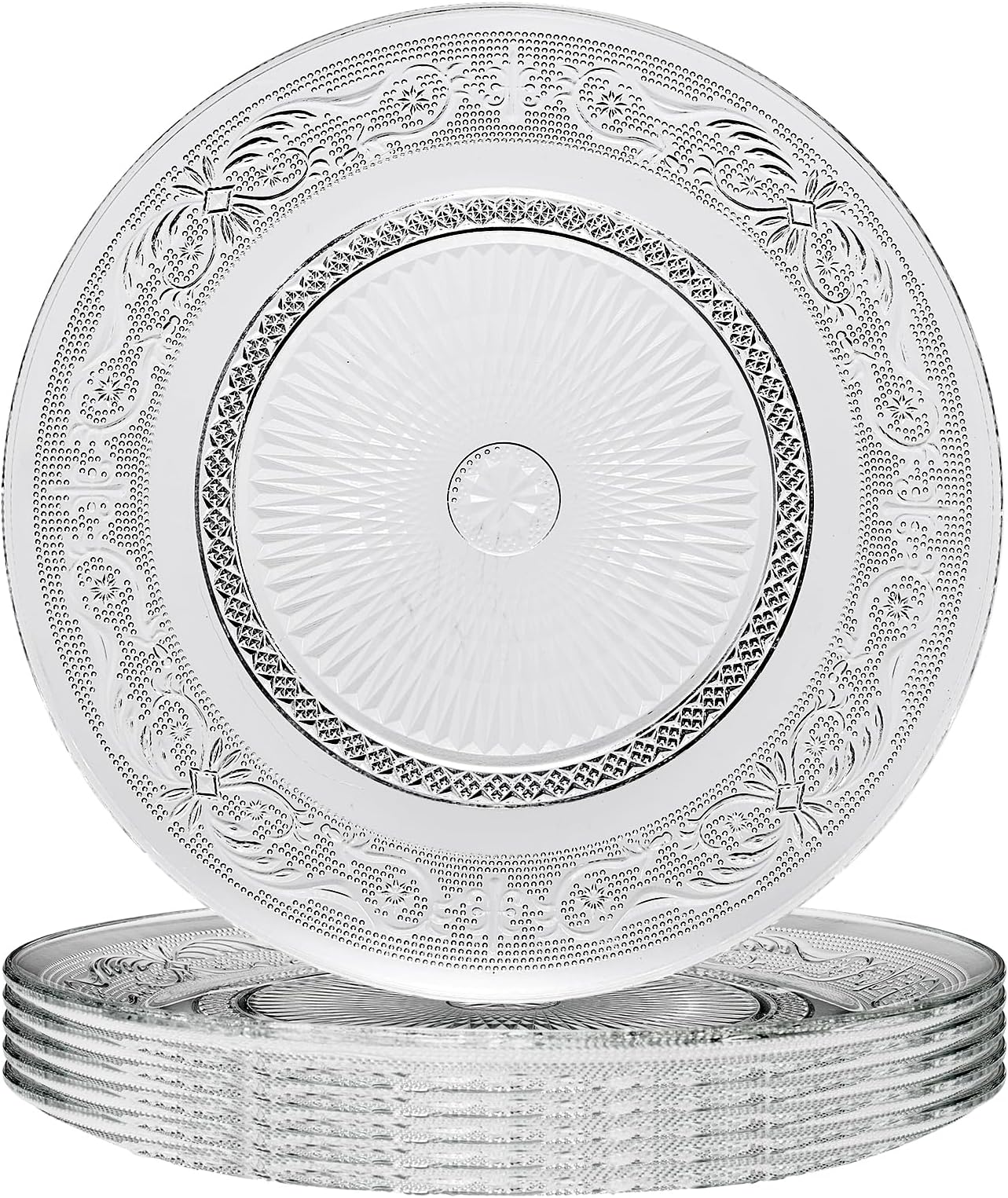 Khen Art Deco Vintage Crystal Glass Plates, Set of 6, 10.5' Dinner Plates - Dessert, Server Appetizer Plate, Snack Fruit, Side Serveware, Dishwasher Safe, 100%, Borosilicate Glass