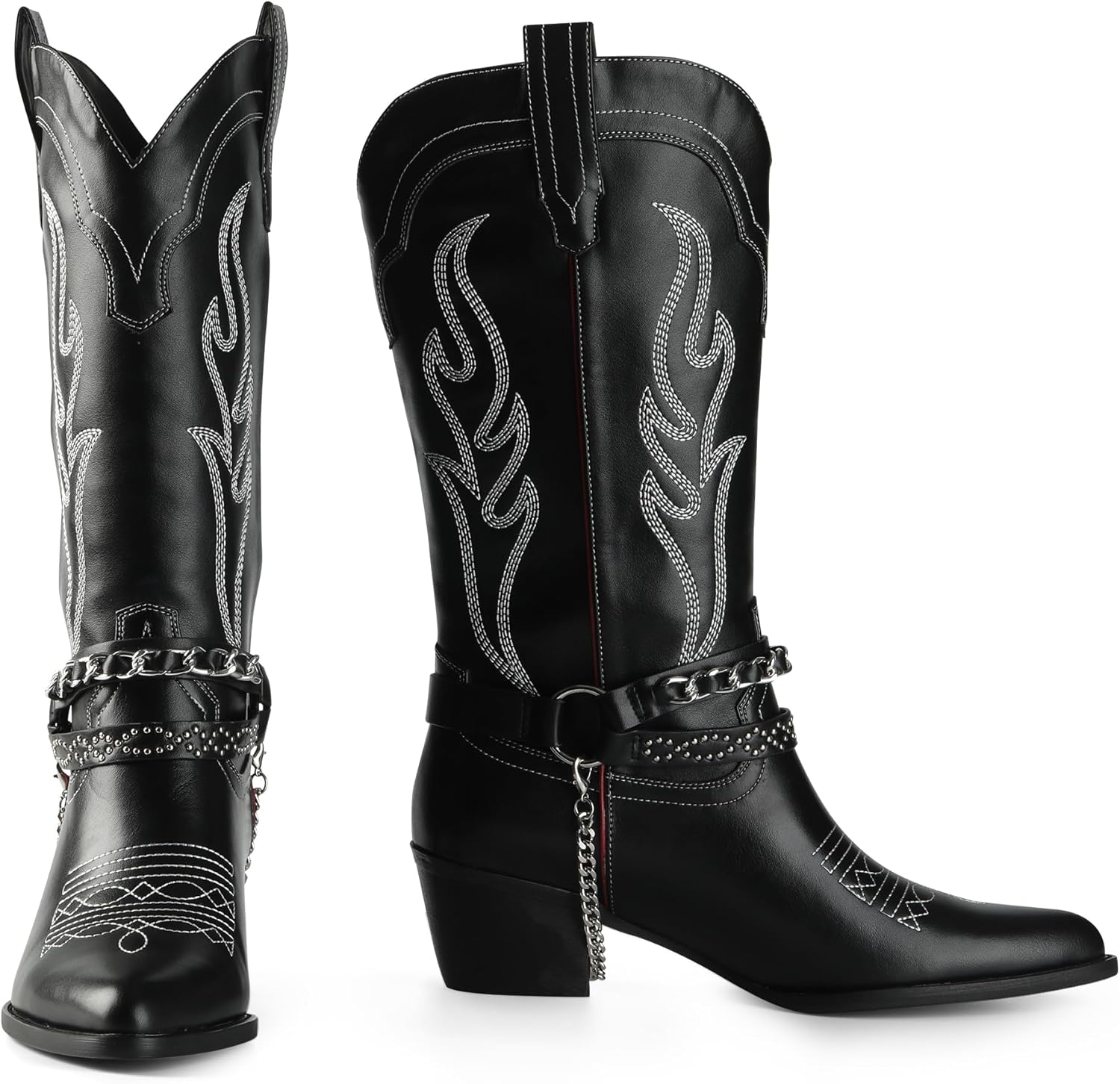 iiimmu Cowboy Boots for Women with Chain, Mid Calf Pointy Toe Chunky Heel Women's Western Boots with Embroidered, Pull on Style, Faux Leather