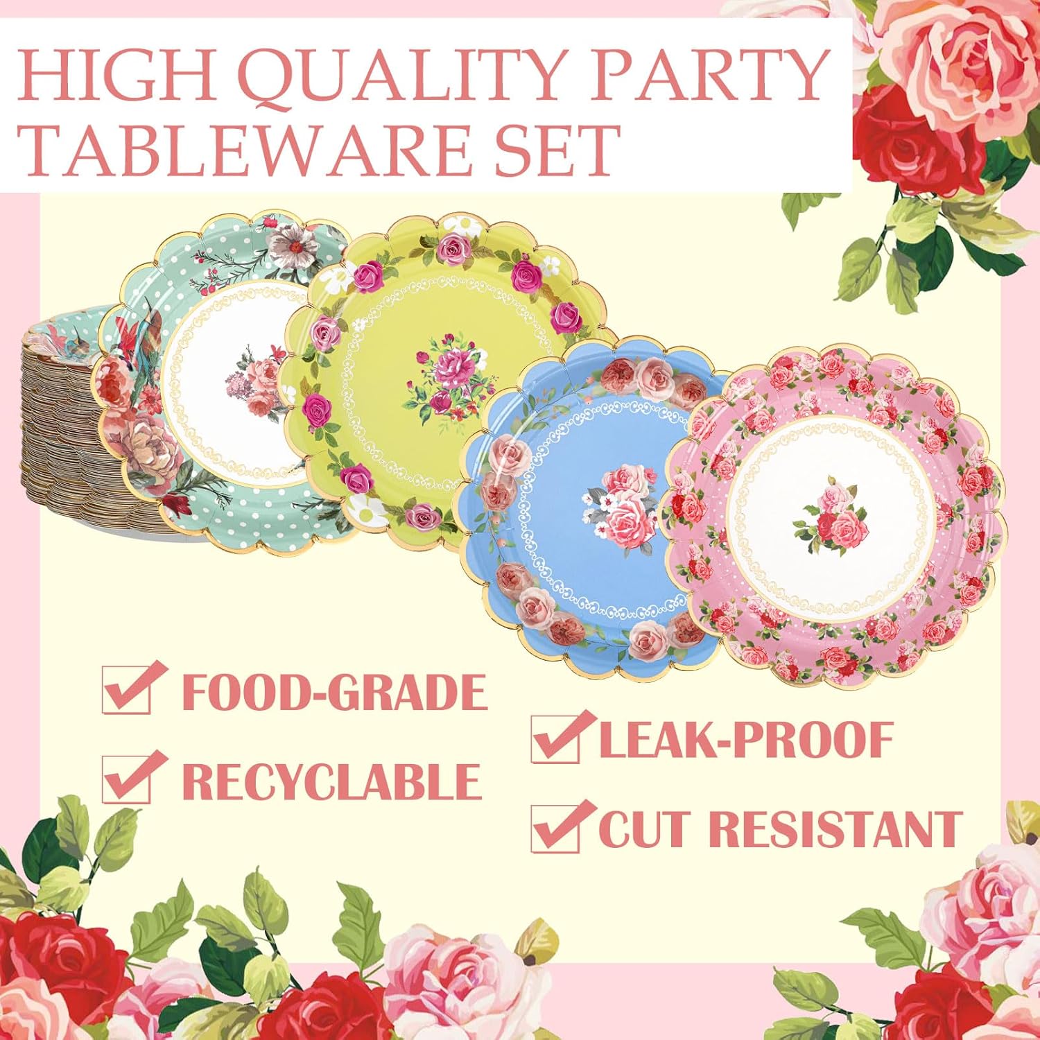 Suclain 100 Pieces Flower Tea Party Paper Plates 7 Inches Vintage Floral Paper Plates for Guest Dinner Tea Party Weddings Bridal Showers and Baby Showers Birthday Supplies - Image 4