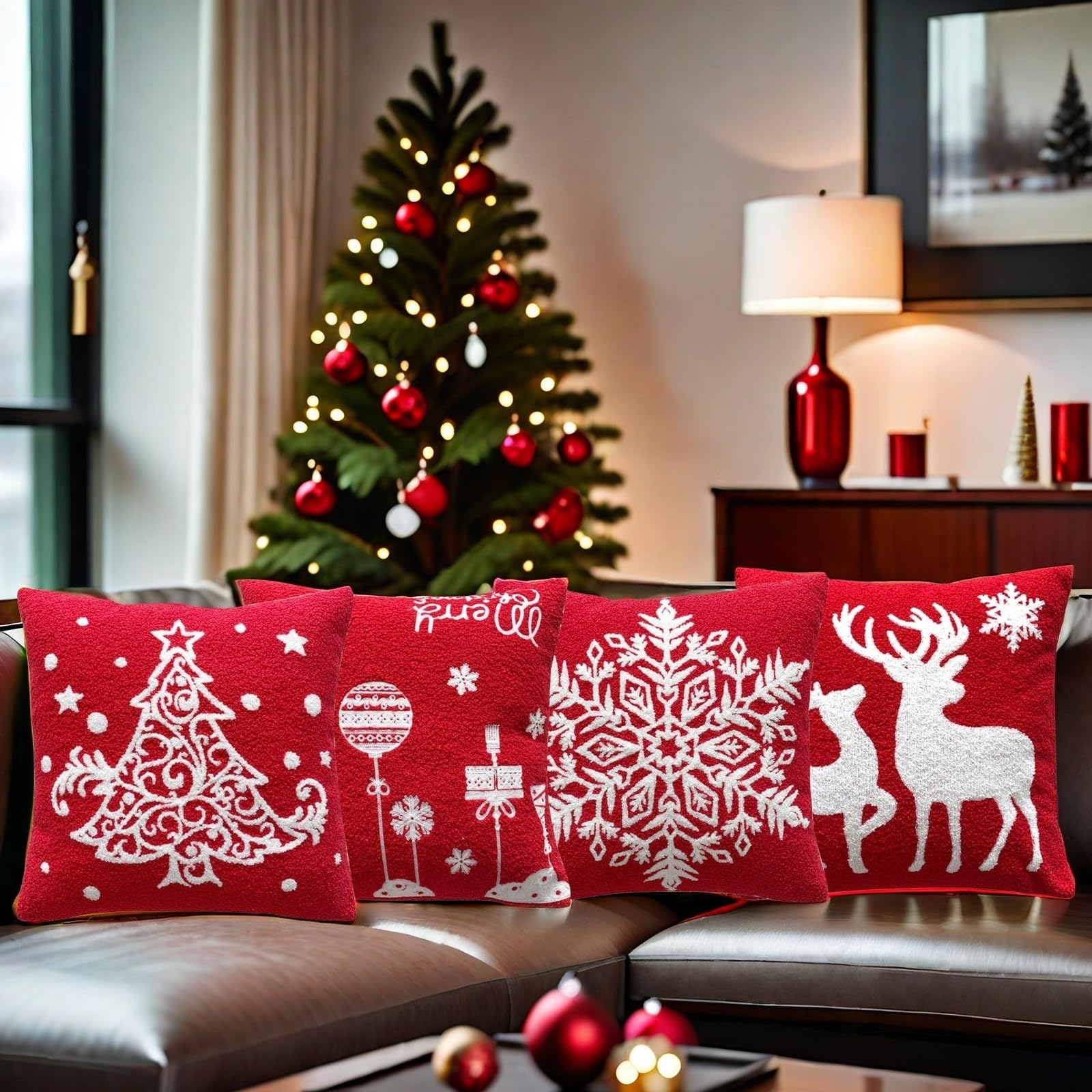 Fundas de almohada rojas navideñas de 18 x 18 pulgadas, funda de cojín suave para decoración de sofá, funda de cojín suave con copo de nieve para sala de estar (ciervo)