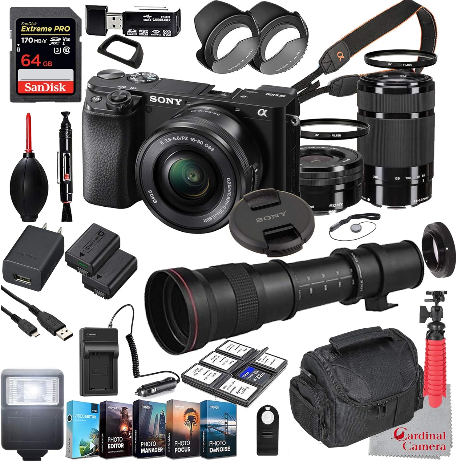 Sony Alpha a6100 Mirrorless Camera with 16-50mm and 55-210mm Lenses Bundle + Extreme Speed 64GB Memory + T-Mount 420-800mm Telephoto Zoom Lens (33 Items)
