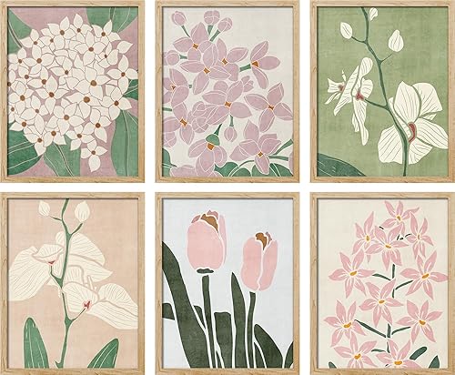 SIGNWIN Póster enmarcado rosa pastel, galería de arte de flores silvestres, vintage, retro, antiguo, mixto, ilustraciones de medios mixtos, bellas