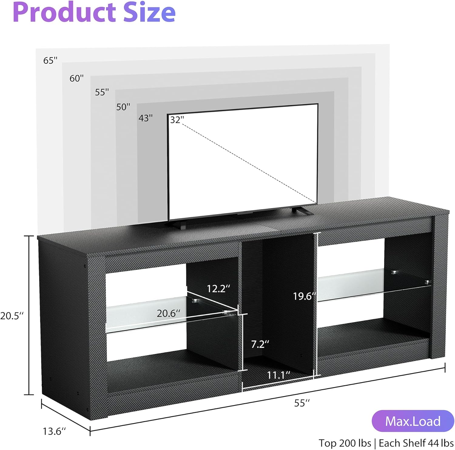 GRLEAF LED TV Stand for 50/55/60/65 Inch TV, Entertainment Center with Lights, Modern TV Console with Glass Shelves and Storage Cabinet, Media Center for Gaming Living Room Bedroom -Carbon Fiber Black - Image 3