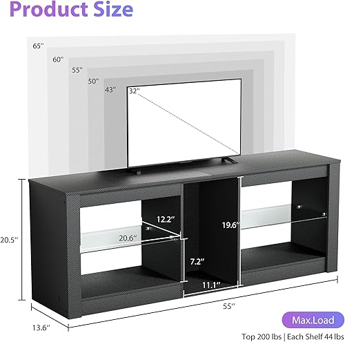 Miniatura 3 de GRLEAF Soporte de TV LED para TV de 50/55/60/65 pulgadas, centro de entretenimiento con luces, consola de TV moderna con estantes de vidrio