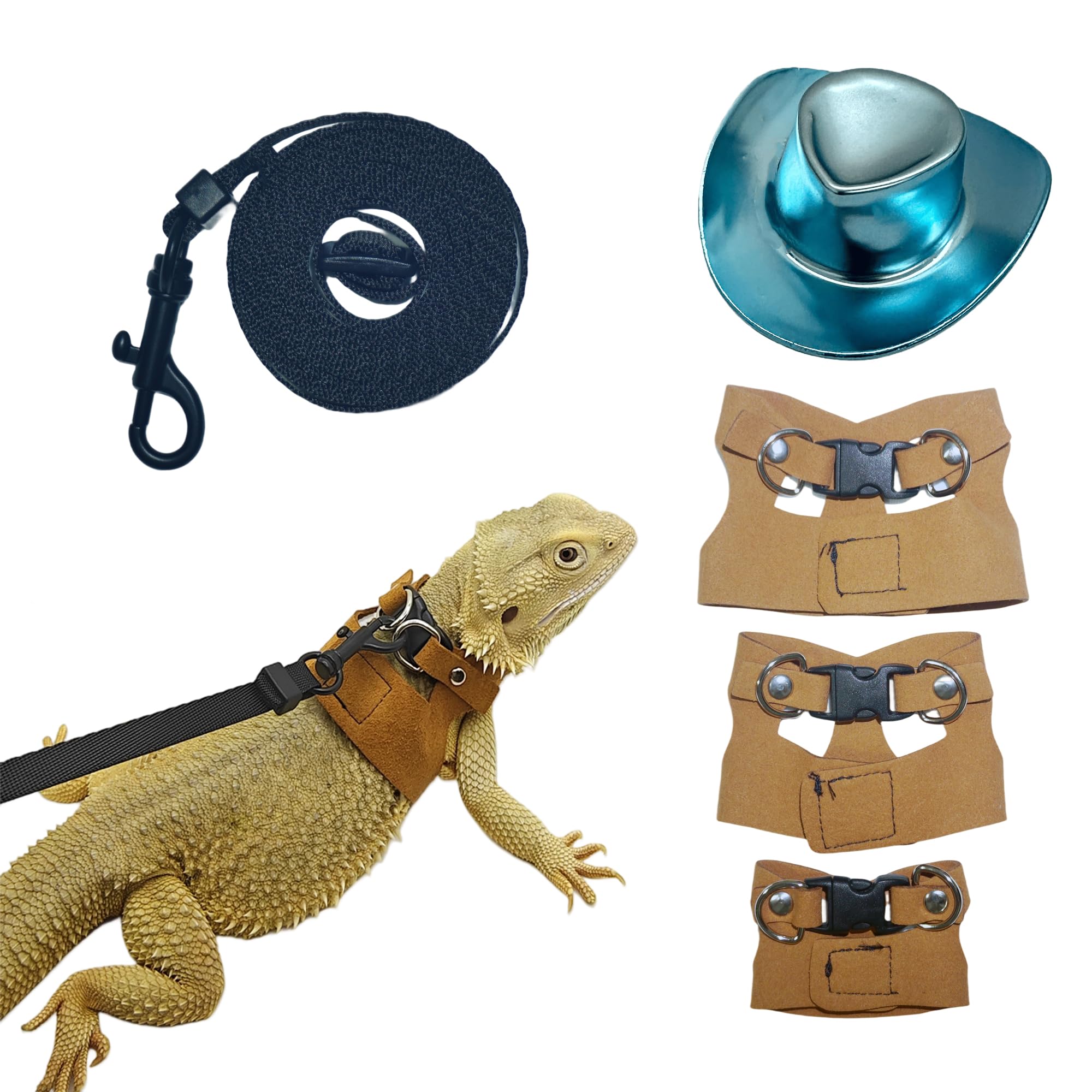 Reptile Pets Leash Harness Set with Jackets and a Party Theme Hat for Bearded Dragon Lizard, Leopard Gecko and Other Small Animal Pets, Outdoor Play, Blue