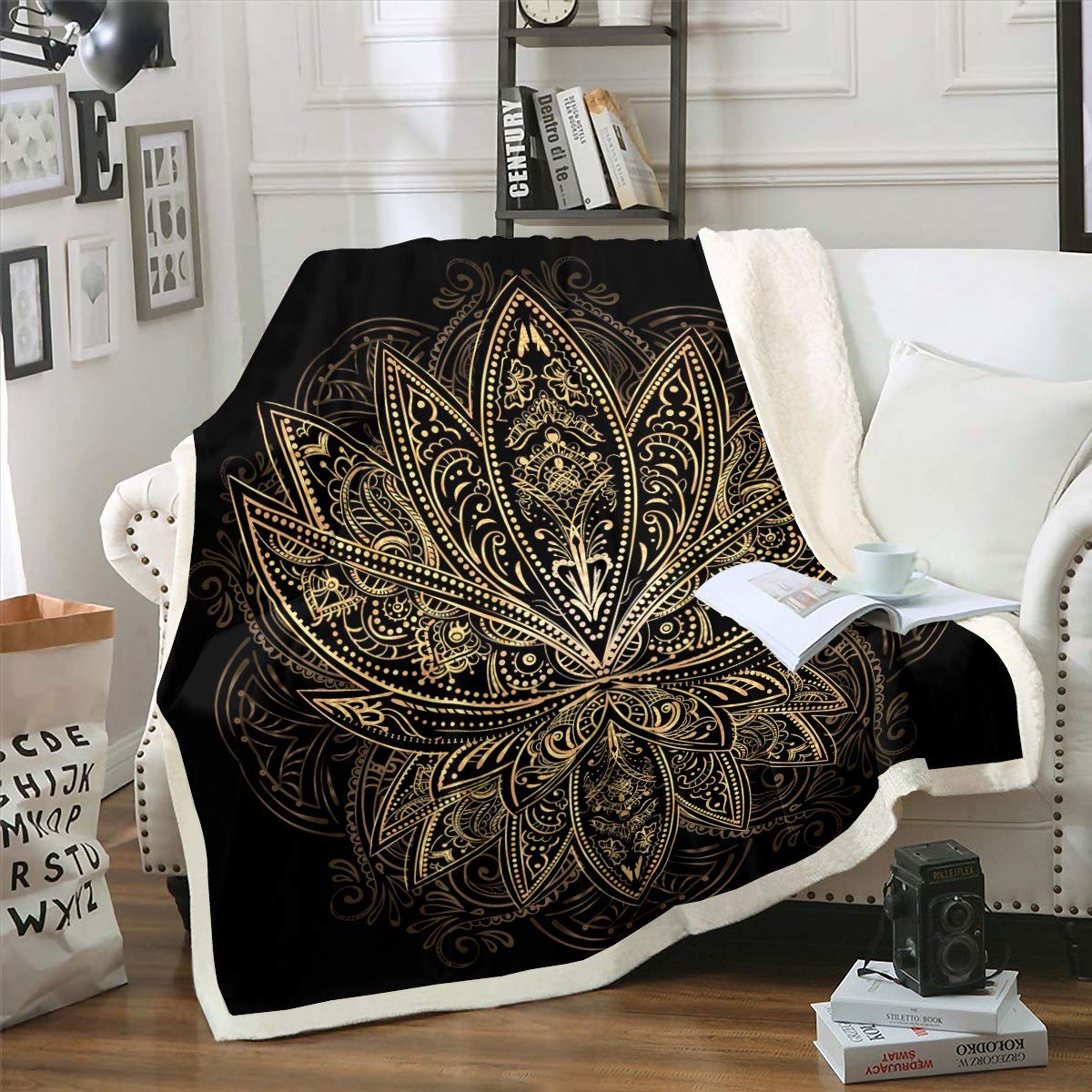 Loussiesd Multicolored 16020 Boho Mandala Sherpa Blanket Bohemian Style Throw Blanket Decorative Hippie Mandala Fleece Blanket For Couch Bed Sofa Room Decor Lightweight Black Golden Exotic Floral Fuzzy Blanket Baby 30"X40"