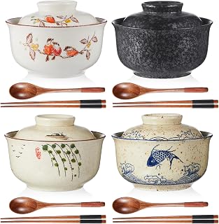 LemonRoad 4 Pack 25oz Ceramic Ramen Bowl with Lid Microwavable with Chopsticks and Spoon Japanese Korean Soup Bowl Clay Pot Dinnerware for Noodle Rice Porridge