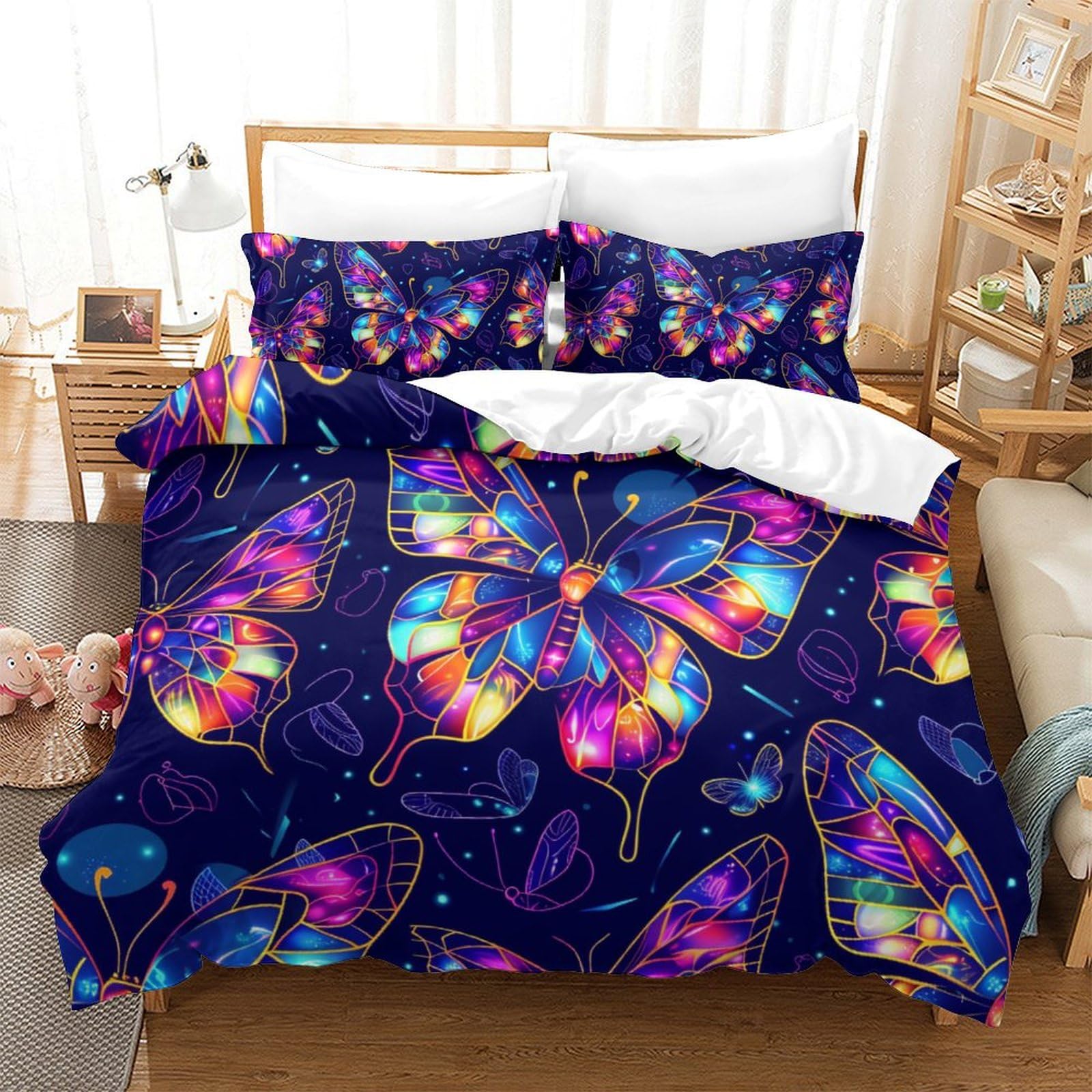 Parure de lit papillon 3D 260x220 cm en microfibre avec housse de couette et taies d'oreiller