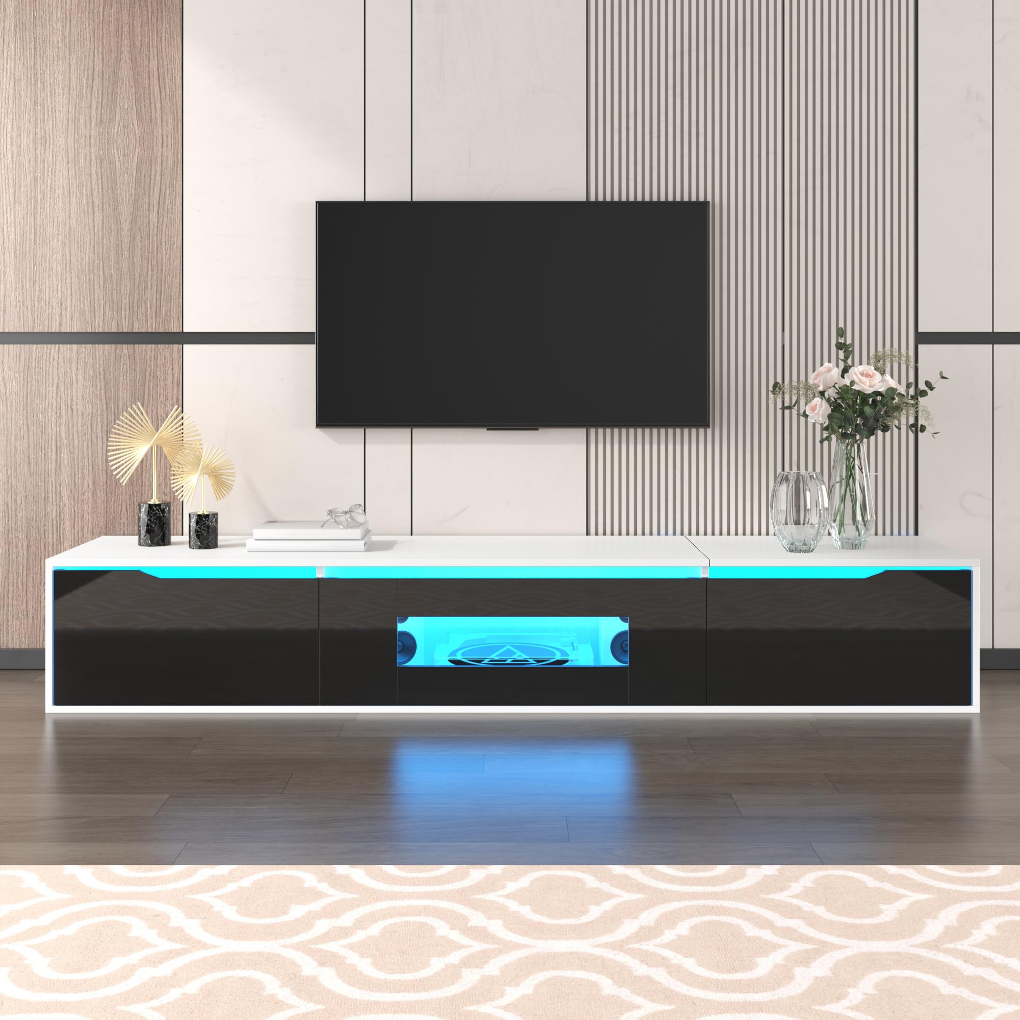 Meuble TV laqué Brillant Bicolore Noir et Blanc - Éclairage LED RGB 16 Couleurs réglables - Style Contemporain pour Salon Moderne/Appartement (Blanc + Noir)