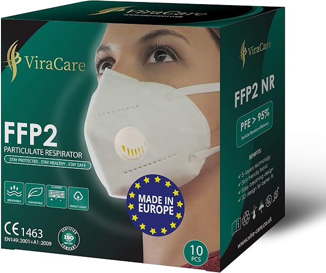 ViraCare FFP2 KN95/N95 Disposable Respirator Protective Face Masks 5 Layer Filtration System >95% | 10 Pieces | Made in EU |