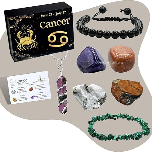 Regalos para el cáncer, kit de cristal del zodiaco para mujeres y hombres, conjunto combinado de piedras curativas, pulseras y collares, pulseras