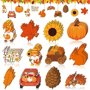 Yuntau 36 Pcs Fall Thanksgiving Ornaments Fall Tree Decorations Photo Props Wooden Hanging Ornaments Autumn Wooden Tags Slices Cutouts with Rope for Thanksgiving Holiday Party Supplies Maple Leaf
