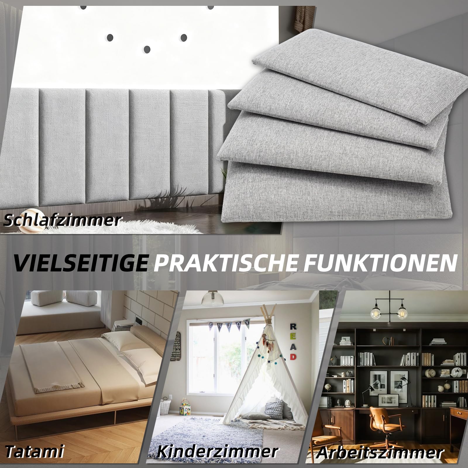 Polsterpaneele 4er Set, rechteckige Deko-Wandpaneele, als Kopfteil oder Prallschutzpaneel verwendbar, reduziert Lärm und verbessert die Akustik, 40x20 cm, hellgrau (hellgrau, 40 * 20cm)