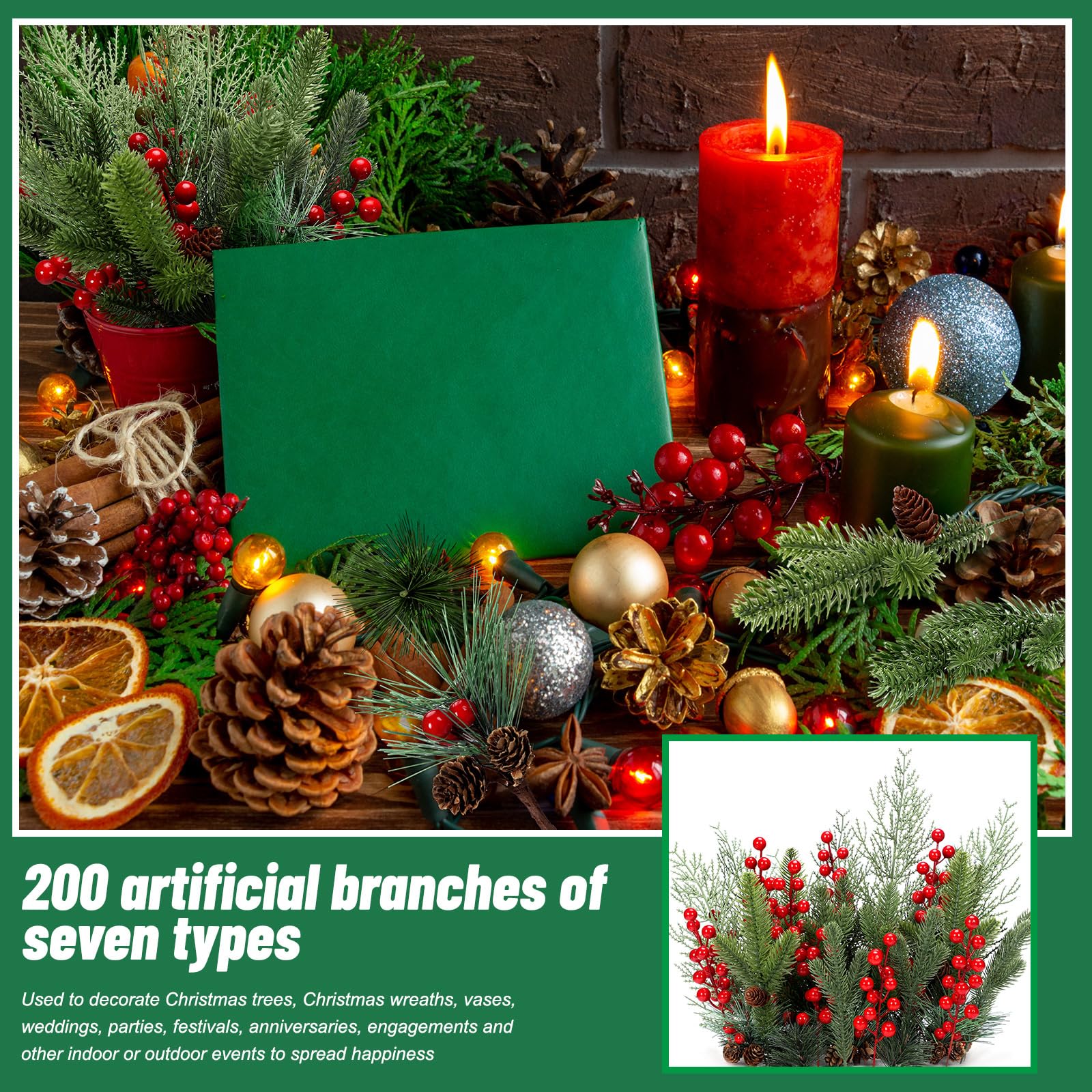 200 agujas de pino artificiales de Navidad, ramas, guirnaldas, tallos de bayas rojas, púas de pino con piña artificial con bayas rojas y piñas naturales para coronas de bricolaje