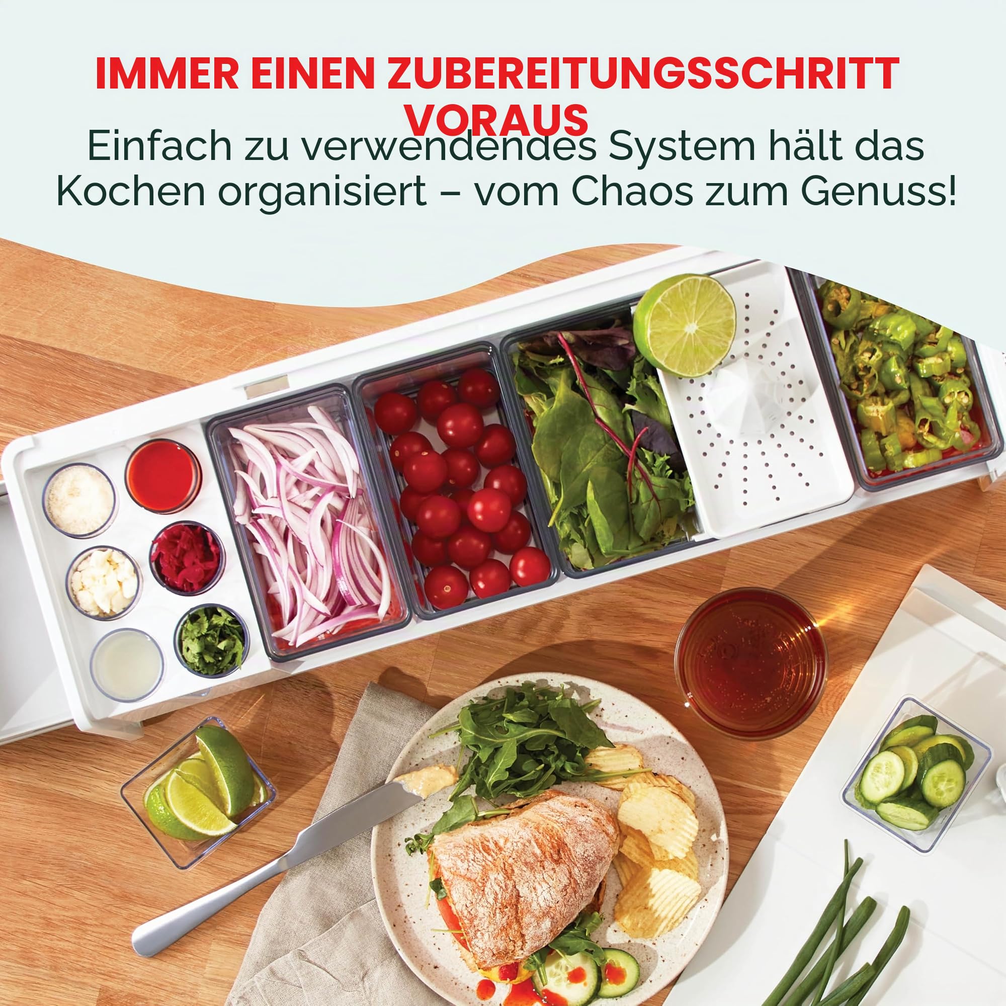 Prepdeck Gen 2 Rezeptvorbereitungs- und Aufbewahrungsstation – 8 wichtige Werkzeuge + Deluxe-Schneidebrett, 14 Kunststoffbehälter + superversiegelte Deckel, abnehmbare Müllfächer, Tablet-Ständer im