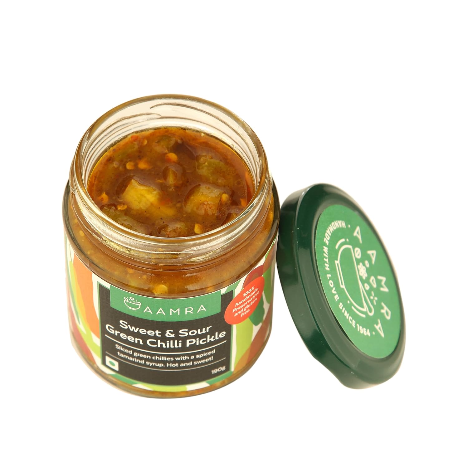 Aamra (Ghaziabad) Homemade Sweet & Sour Green Chili Indian Pickle - 190 grams