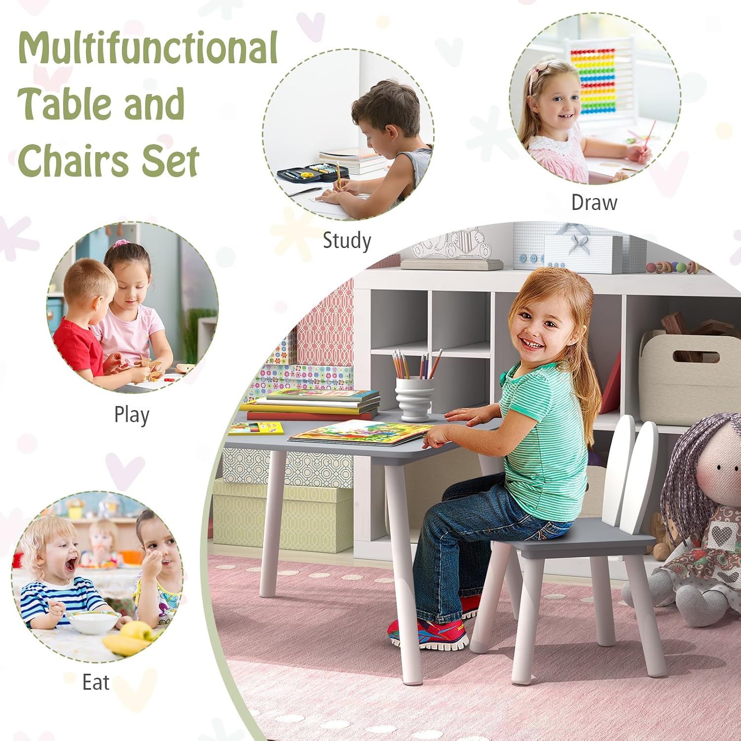 Costzon Kids Table and Chair Set, 3 Pieces Wooden Activity Table & 2 Rabbit Shaped Chairs with Solid Wood Legs, Space-Saving Design, Toddler Table and Chairs for Children Playroom Kindergarten (Gray)