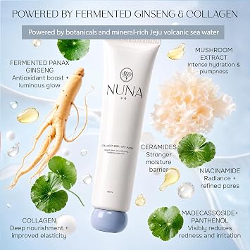 NUNA Ginseng Collagen Peel-Off Mask with Panax Ginseng Root Extract, Hydrolyzed Collagen, Niacinamide, Ceramide, 5-oil complex, 2.71 fl oz