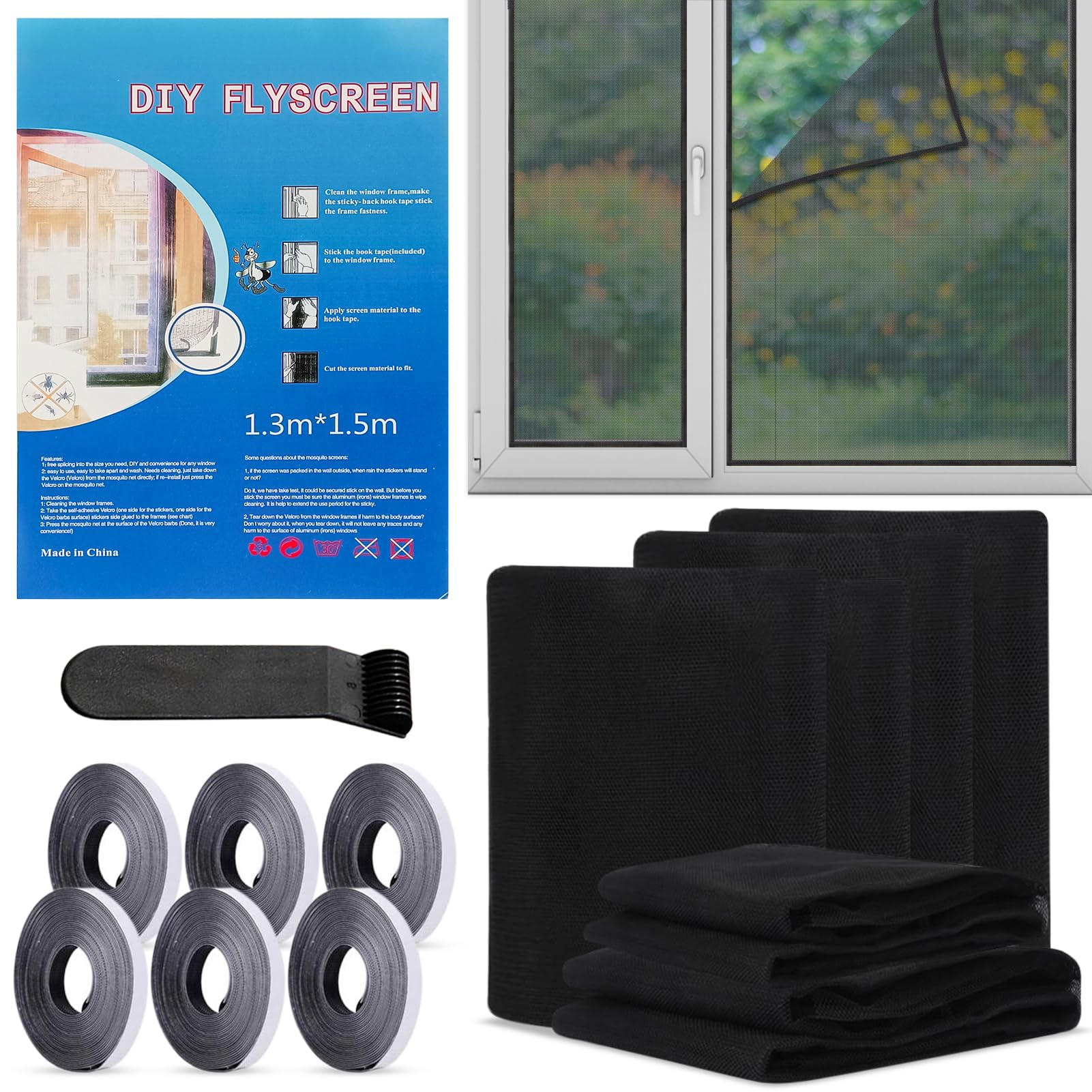 6 Pcs Fly Screens for Window, Window Netting for Insects 130x150cm, Window Net, with 6 Rolls Self-Adhesive with Velcro and Other Accessories, Protect Your Family from Insects (Black)