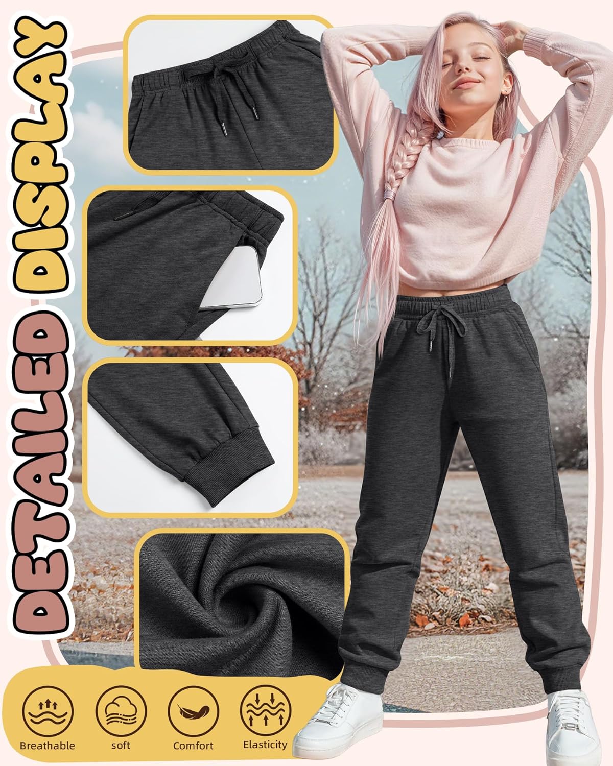 4 Pack Girl's Sweatpants Casual Athletic Drawstring Joggers with Pocket Baggy Lounge Active Running Pants - Image 4
