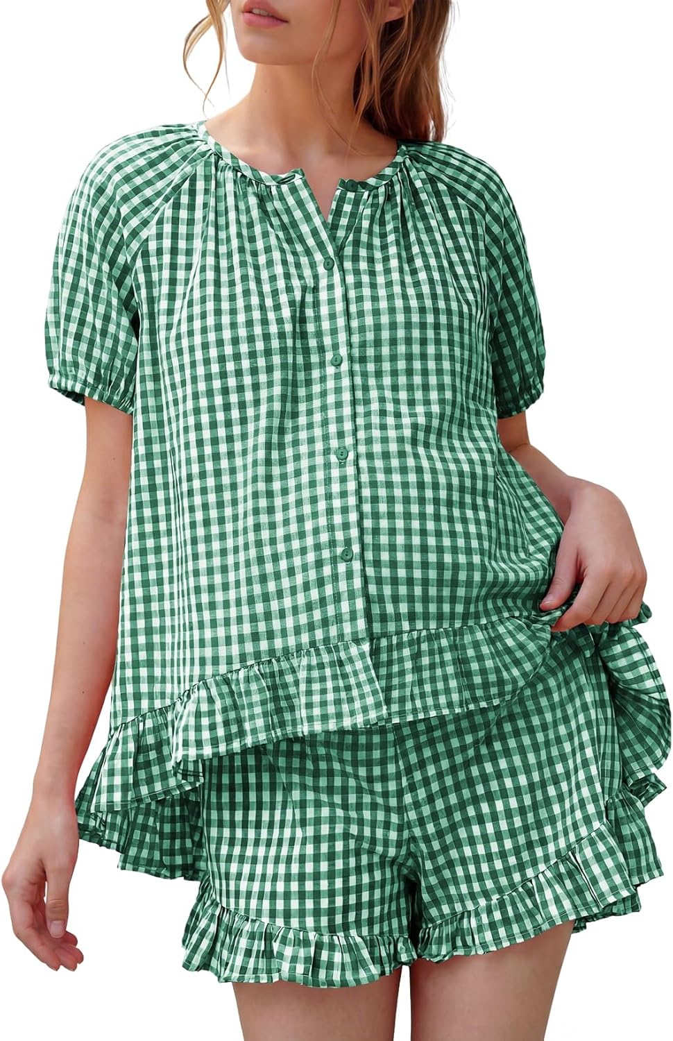 BLENCOT Maternity Pajamas Sets for Women Summer Short Sleeve Button Down Gingham Top and Shorts 2 Piece Postpartum Outfits Green Large