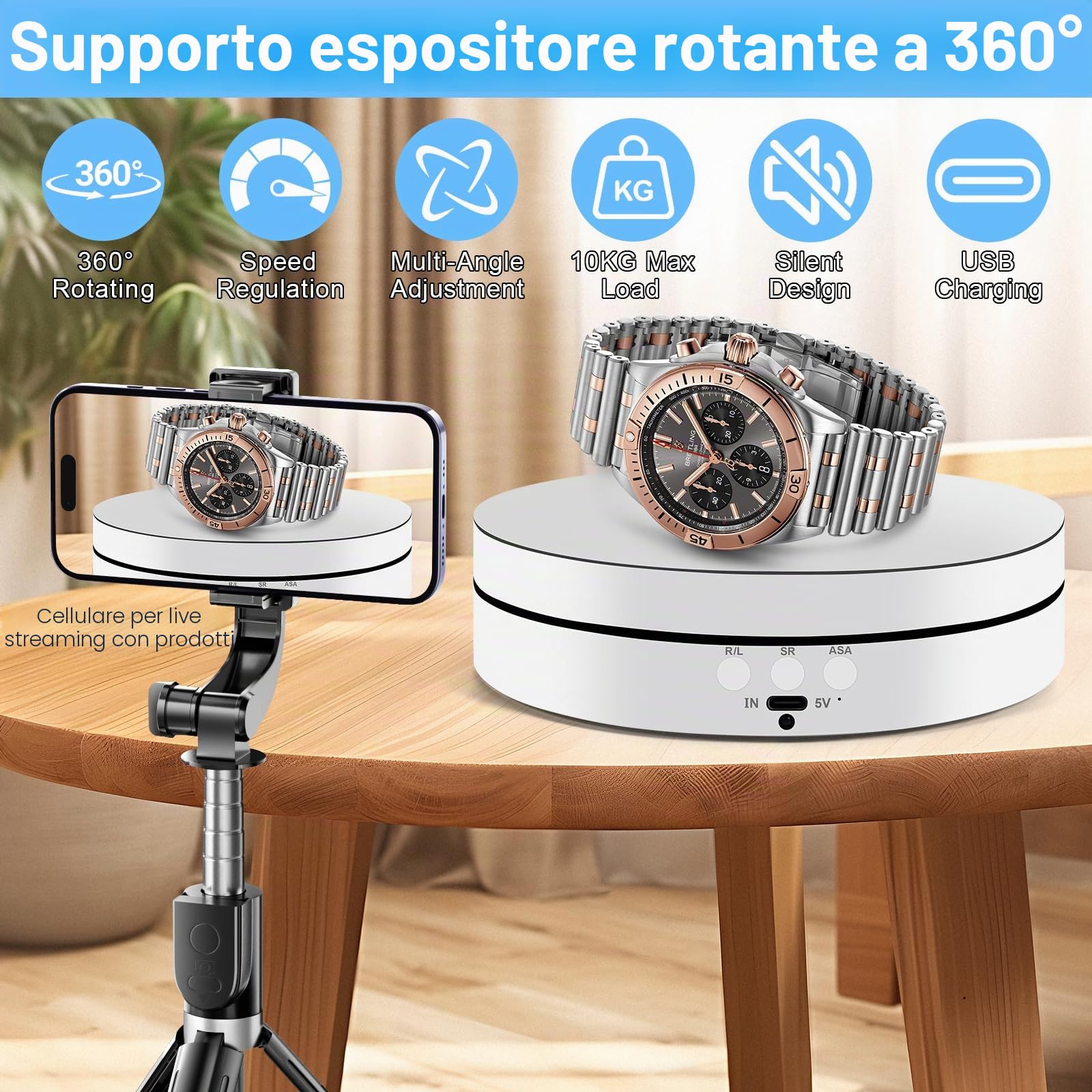 Piattaforma Girevole Elettrica 360°,Piattaforma Rotante Automatica USB per Gioielli,Orologi,Prodotti Digitali,Velocità Regolabile Espositore Girevole Elettrico con 2 Pannelli di Sfondo (Bianco)
