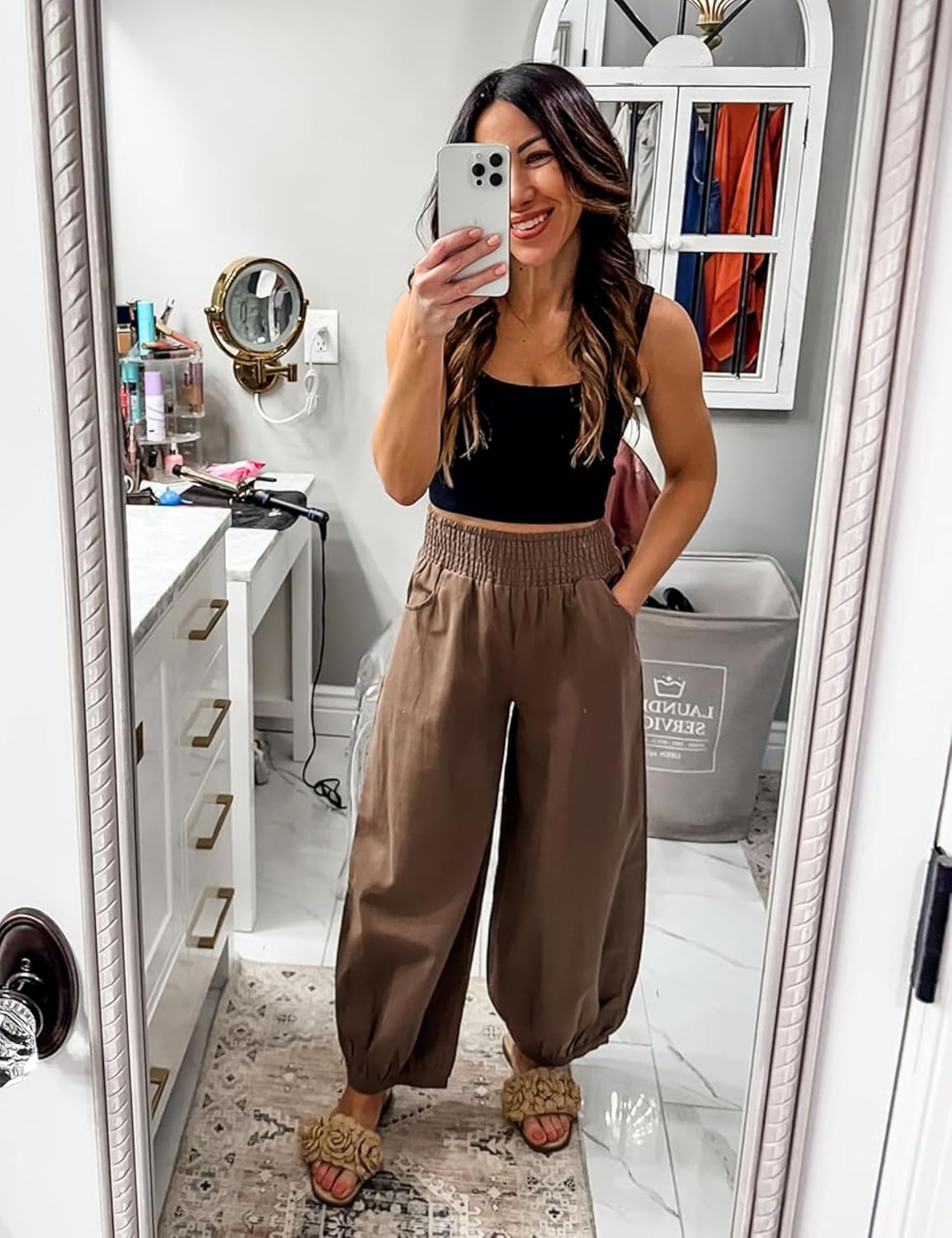 Xiaoxuemeng Womens Wide Leg Pants Cotton Linen Barrel Pants Elastic Waisted Lounge Trousers with Pockets - Image 2