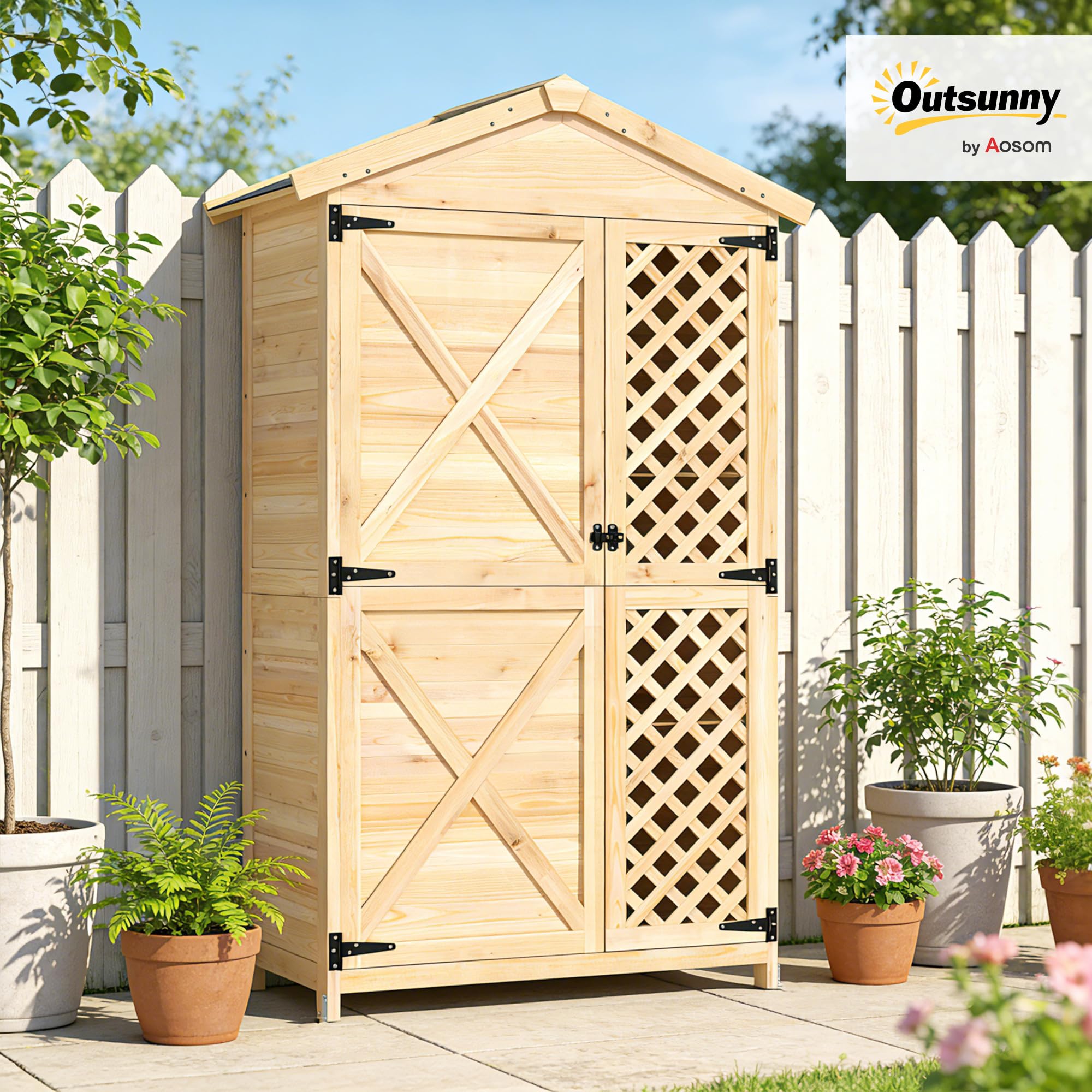 Outsunny Armadio da Giardino in Legno di Abete con Ante Ventilate e Kit Antiribaltamento, Casetta Porta Attrezzi da Esterno con Ripiani Rimovibili e Tetto Inclinato in Asfalto, Colore Legno