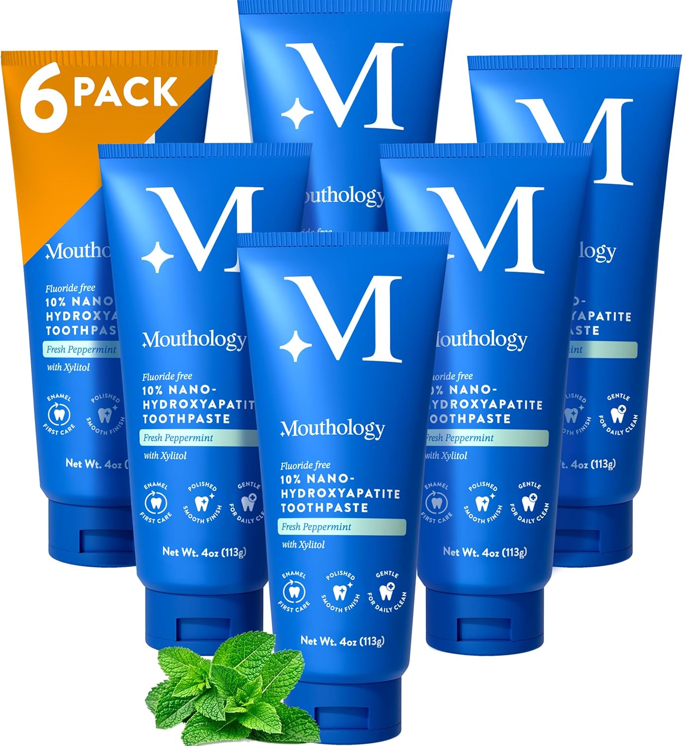 Mouthology 10% Nano Hydroxyapatite Toothpaste (6pk, Fluoride Free), Whitening*, Supports Enamel Care*, Appropriate for Sensitive Teeth*, SLS Free, Xylitol nHA Toothpaste Adults, Mint 4oz (USA Made)