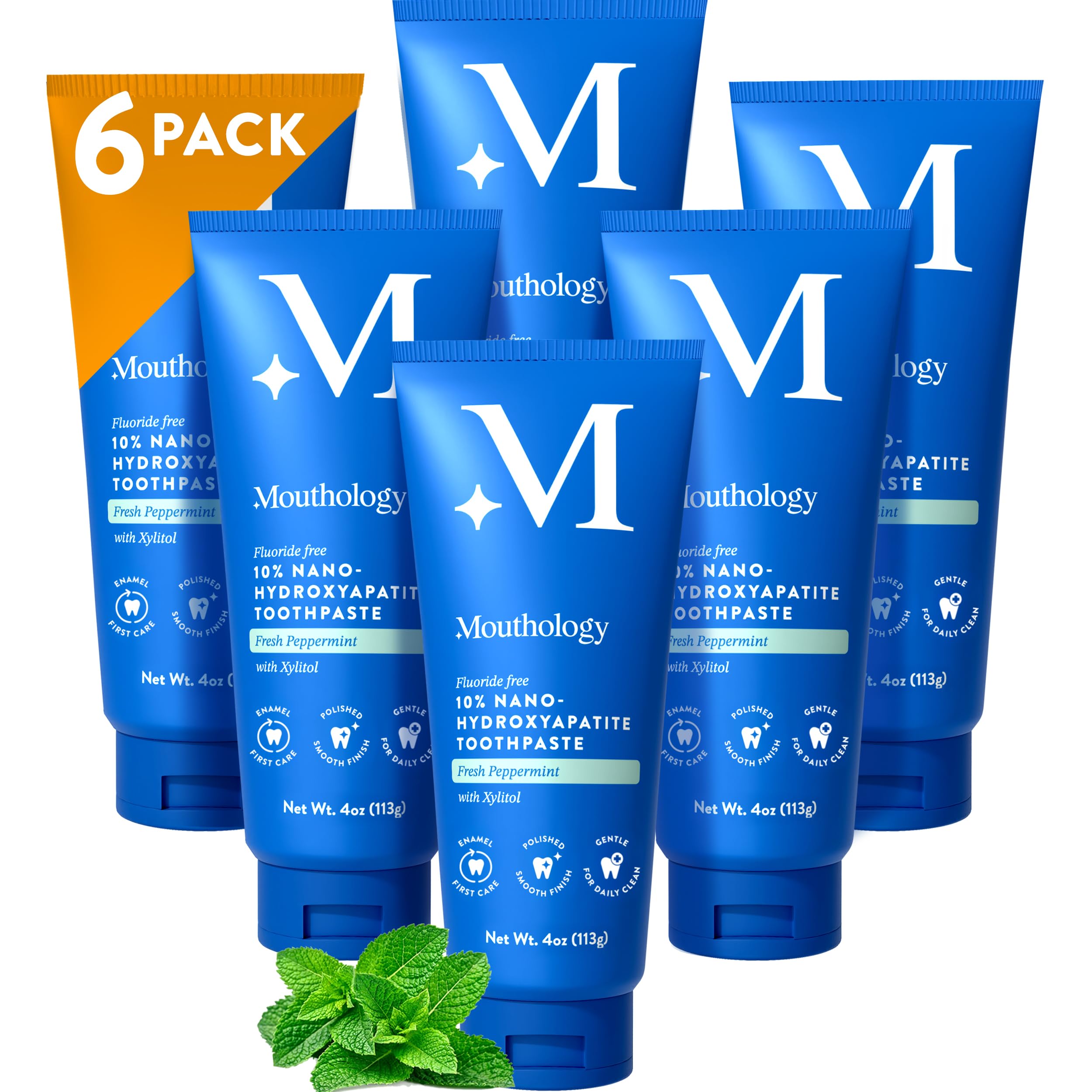 Mouthology10% Nano Hydroxyapatite Toothpaste (6pk, Fluoride Free), Whitening*, Supports Enamel Care*, Appropriate for Sensitive Teeth*, SLS Free, Xylitol nHA Toothpaste Adults, Mint 4oz (USA Made)