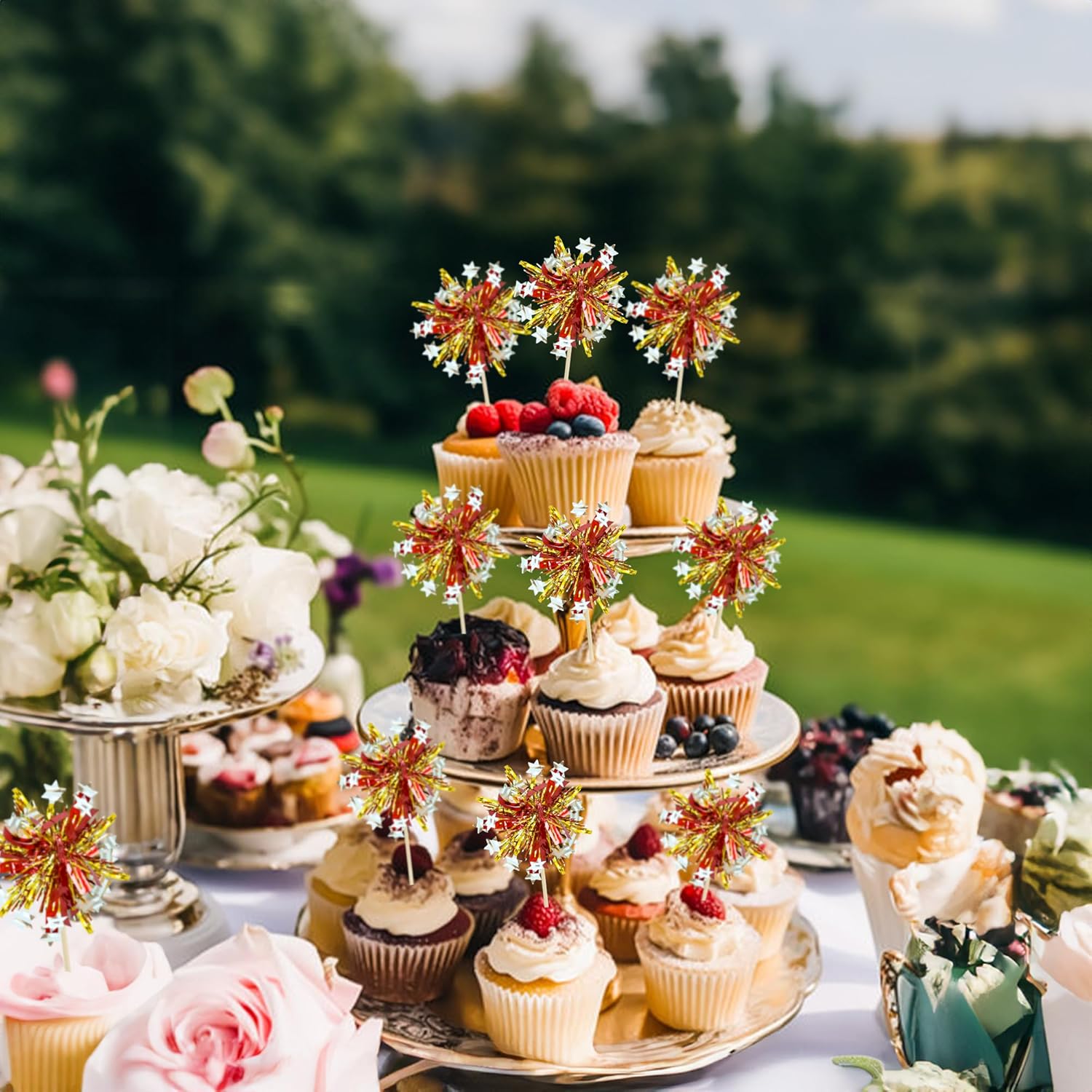 Ephlyn 30Pcs Foil Firework Cupcake Toppers Sparkle Tinsel Cupcake Picks Happy Birthday Cake Decorations Drink Stirrers Cocktail Food Fruit Toothpicks for Baby Shower Graduation Party Supplies Gold Red - Image 7